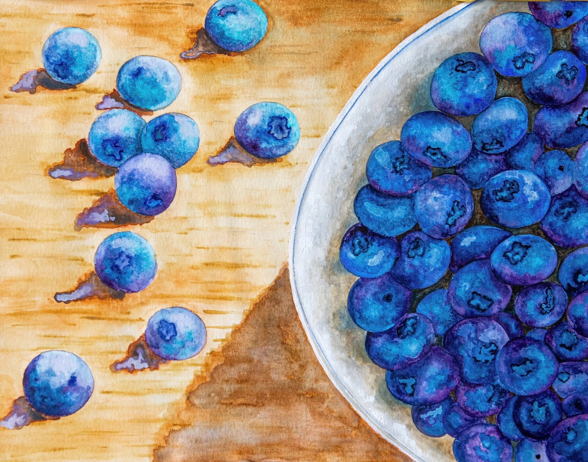 bowl of blueberries watercolor 140lbs paper 11 x 14 private collection