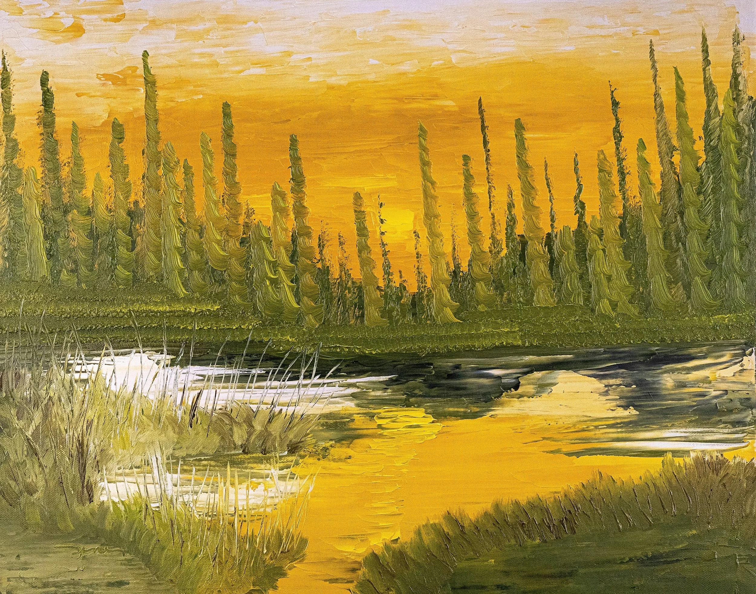 Liquid Landscape Autumn Sunset  Oil Canvas Board  14” x 17”   private collection