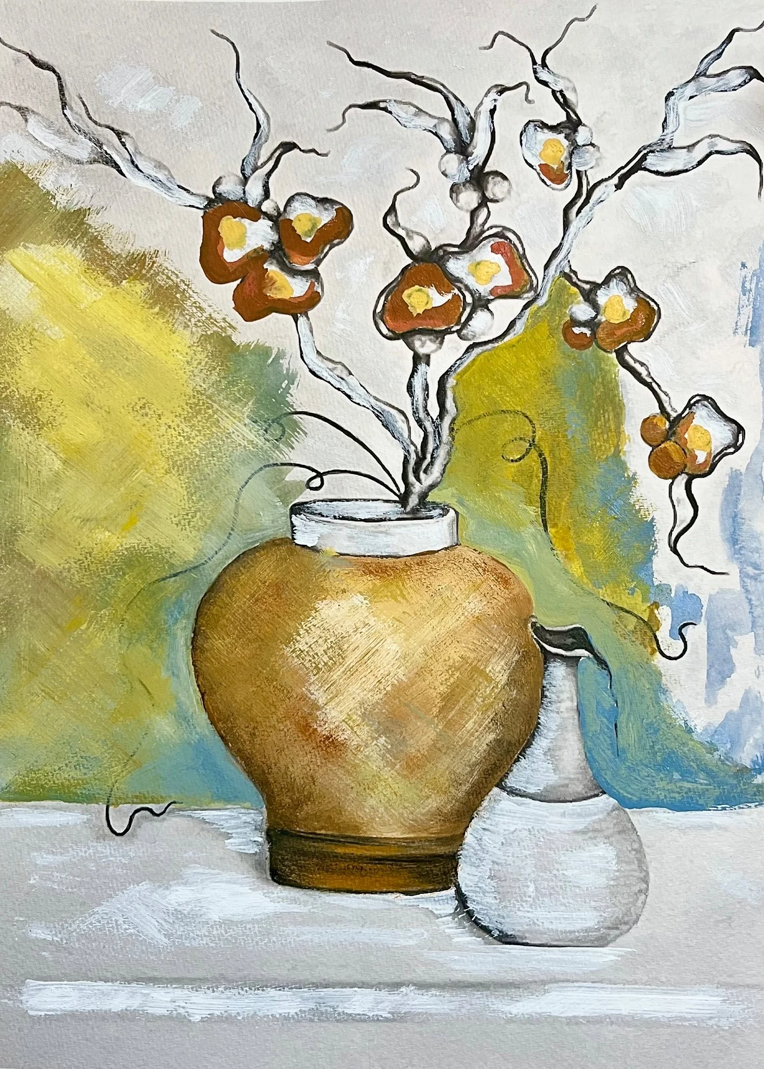 Painted still life of a large brown vase with orange and yellow flowers and a smaller gray and blue vase with flowers, set against a background with abstract yellow, green, blue, and white colors.