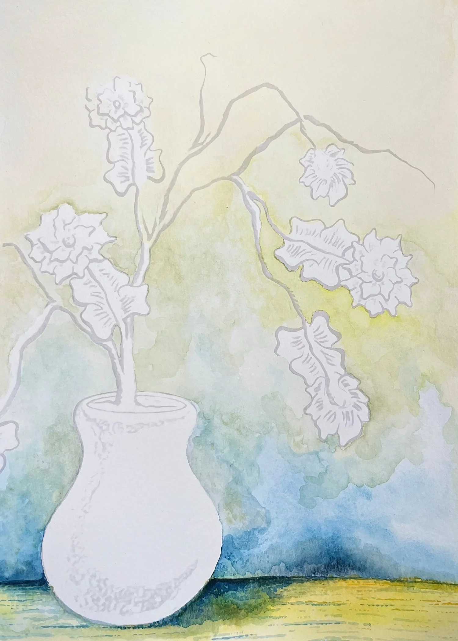 A watercolor painting of a potted plant with large, ruffled leaves in a white vase against a soft pastel background.