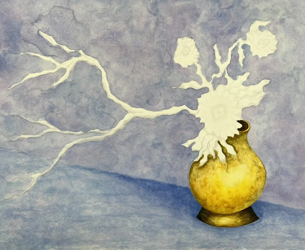 A yellow vase with a dark lip holding white leafless branches and a large white flower, set against a textured blue background.