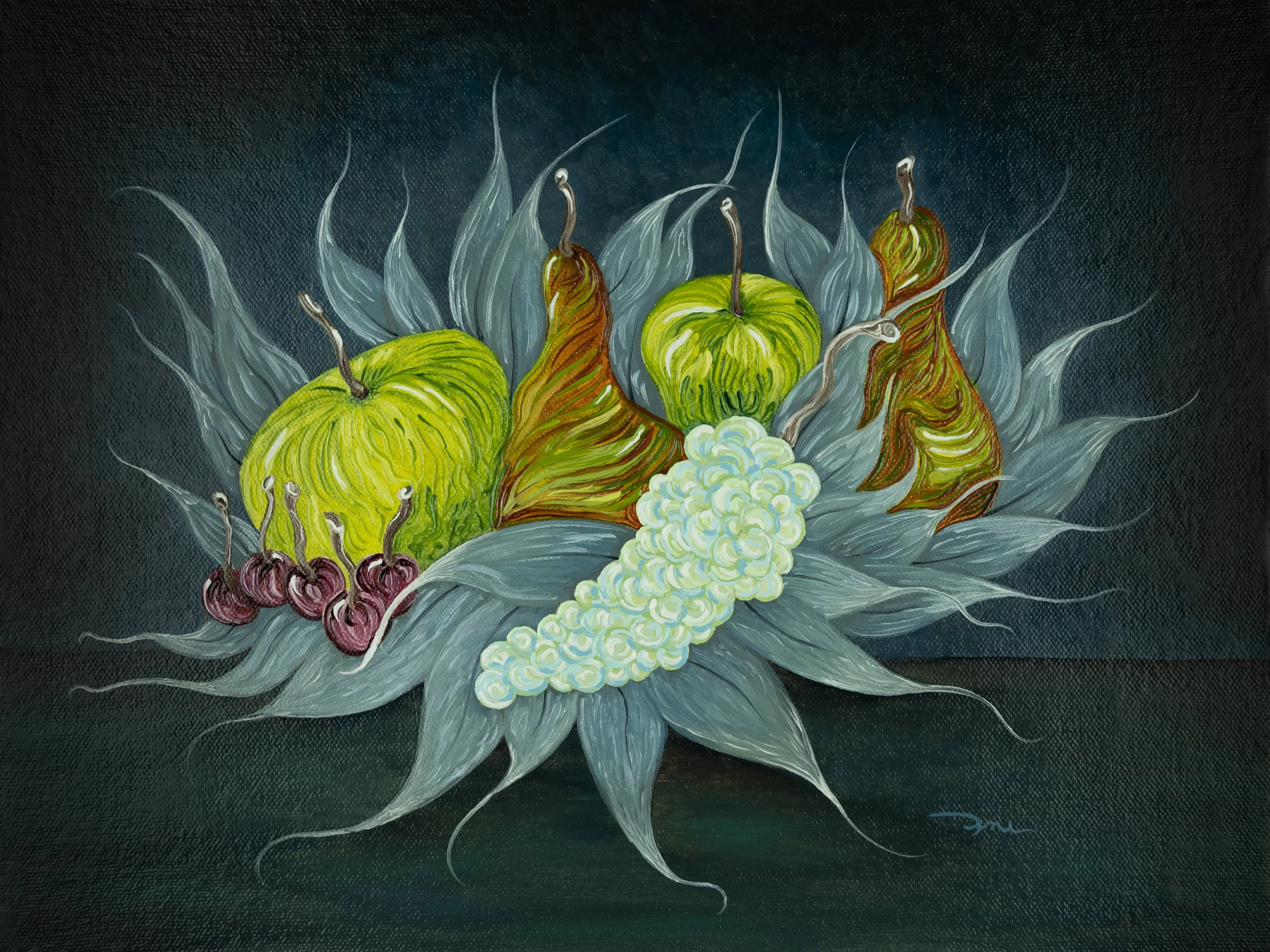 Painting of a still life with green and brown pears, white grapes, and purple cherries on large silver leaves against a dark background.