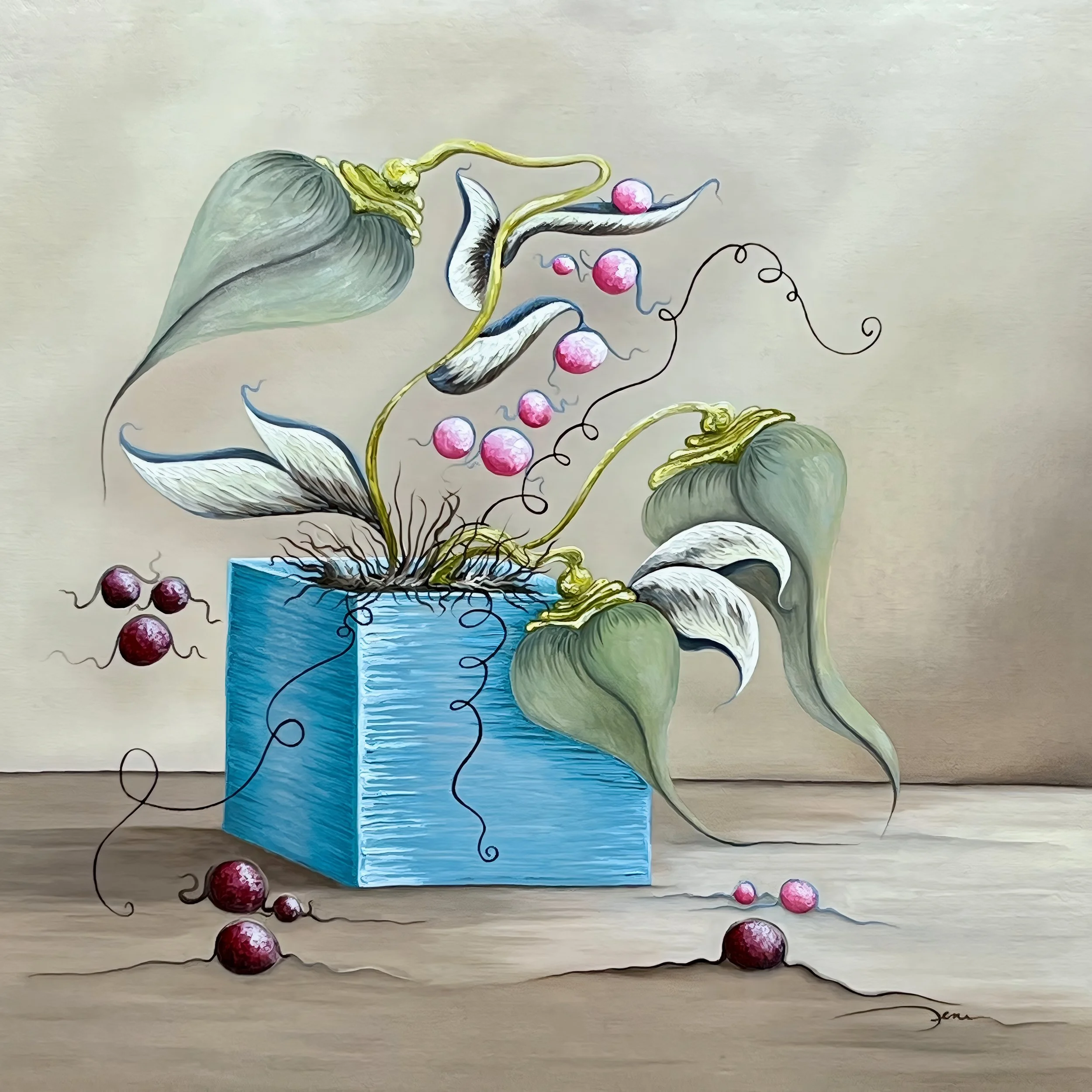 blue vase with berries oil canvas board 16 x 16 private collection by gene edward stout