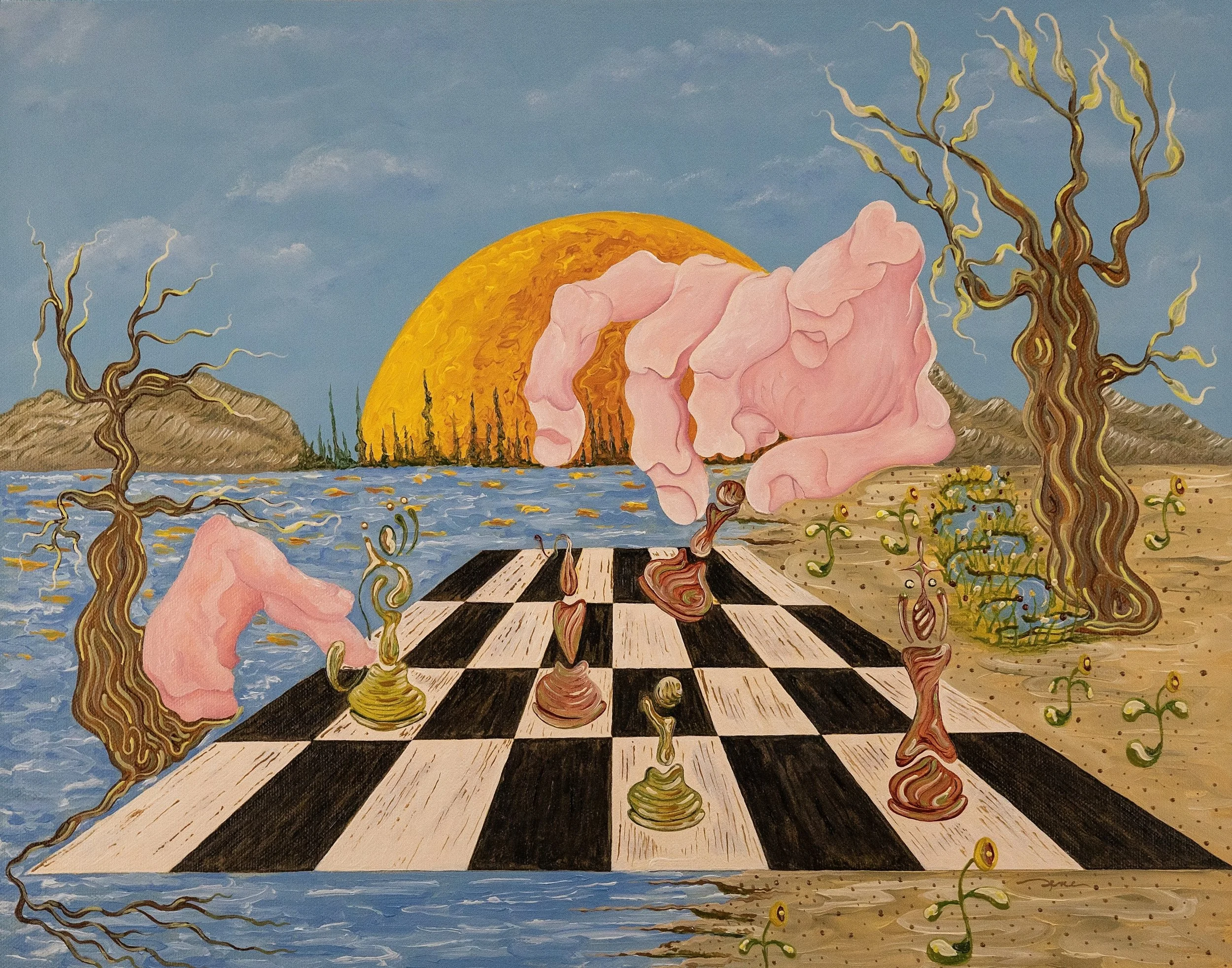 Surreal painting of a landscape with a large setting sun, leafless trees, a body of water, and a checkered floor that extends to the horizon. Pink, amorphous, cloud-like structures drift over the checkered floor, and small, swirling, plant-like objects grow from the ground.