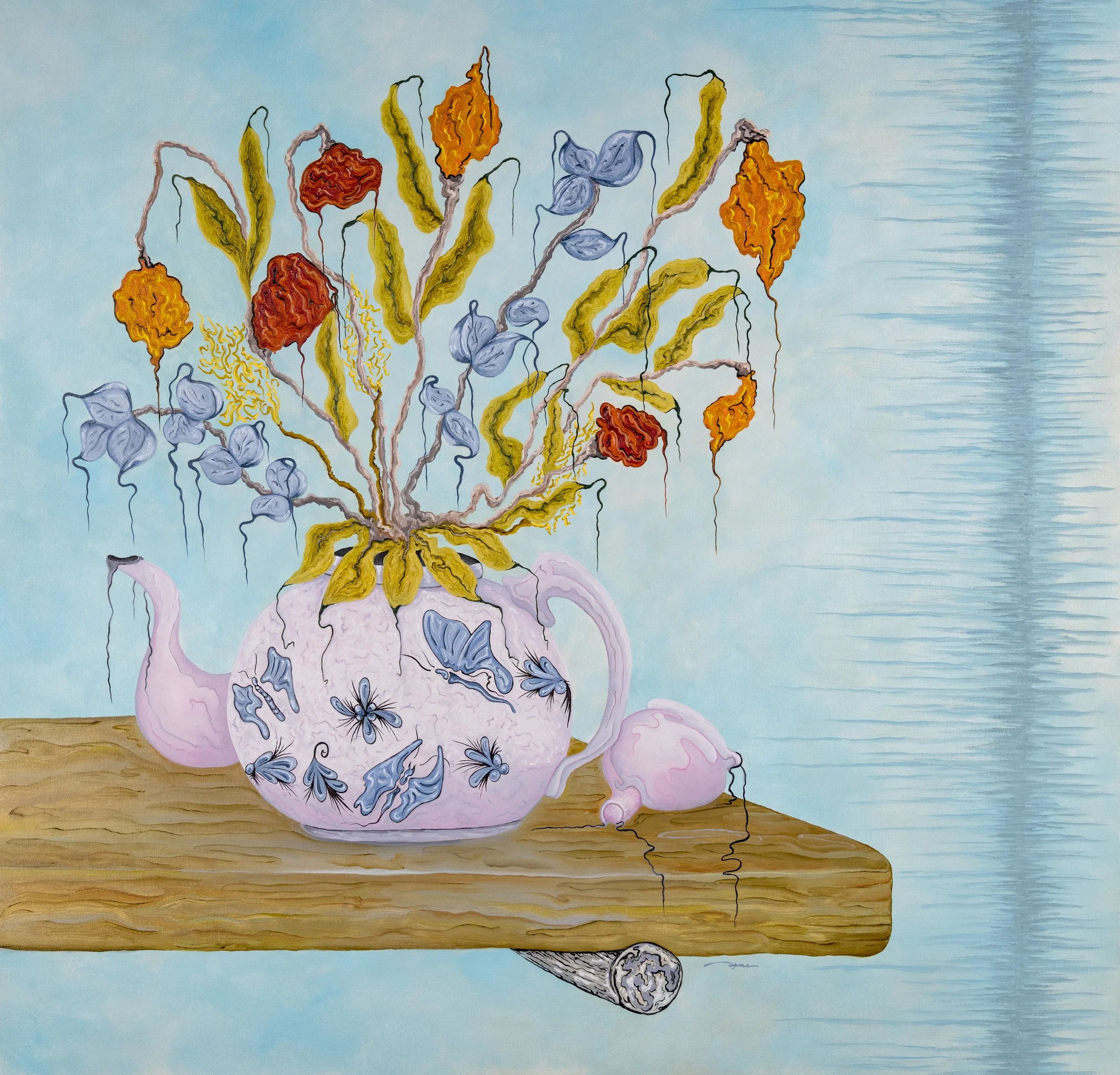 teapot flowers oil canvas 36 x36
