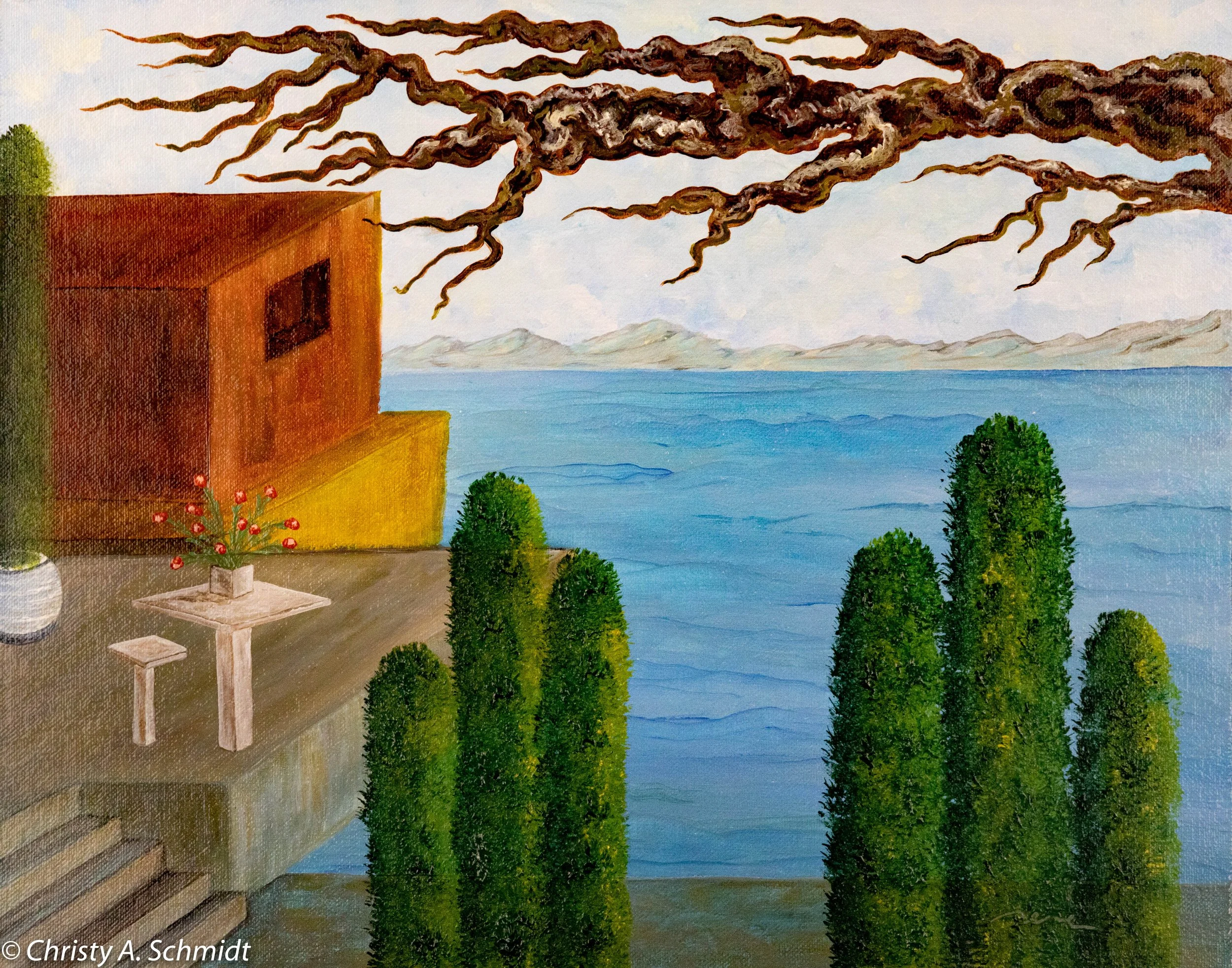 Painting of a landscape scene with a porch overlooking a body of water, with green trees in the foreground, a large leafless branch overhead, and distant mountains on the horizon.