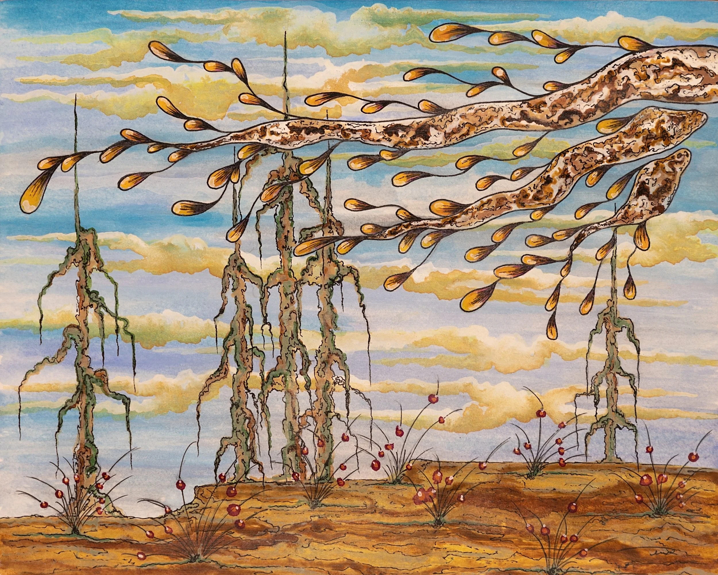 A painting of a tree branch with budding leaves against a sky filled with clouds and a colorful sunset. The ground has small plants with red berries.