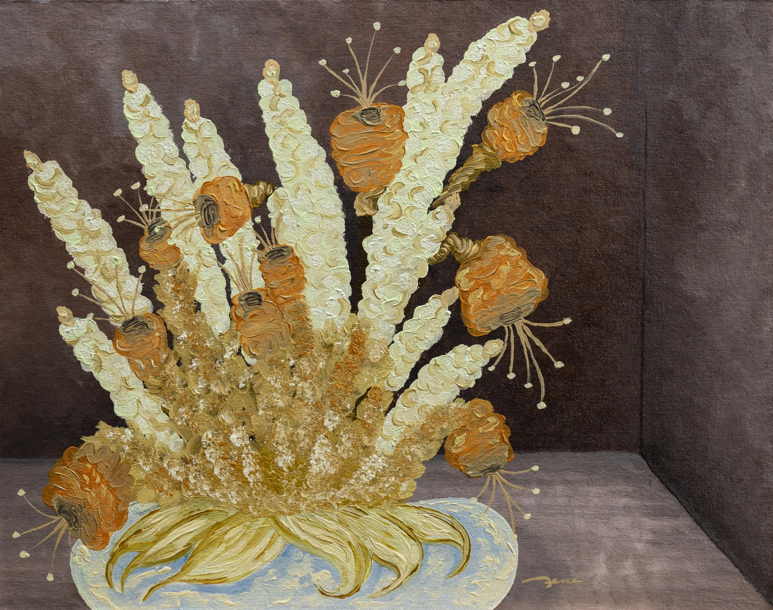 Oil painting of a bouquet of white and orange flowers in a white vase placed on a brown table against a dark brown background.