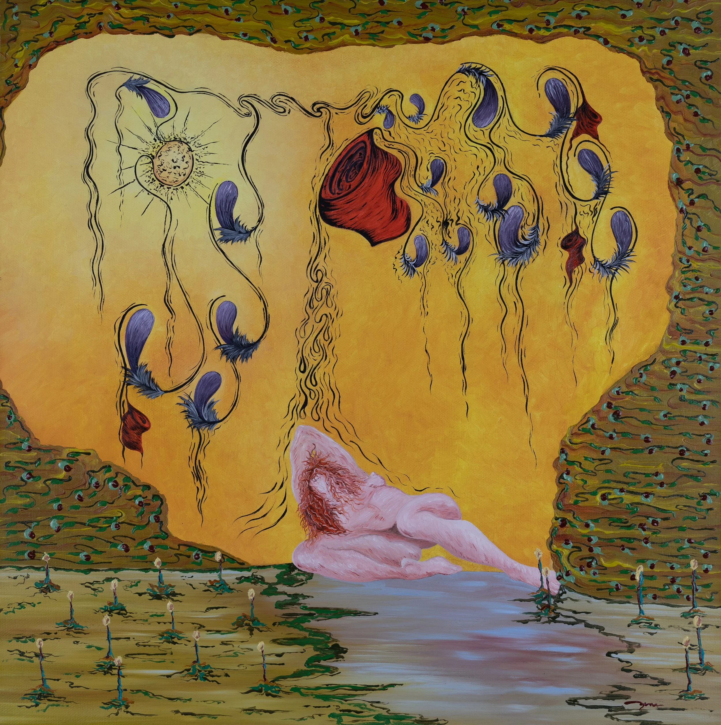 A surreal painting depicting a reclining nude woman with her hand on her head, with a large yellow wall in the background. The wall has abstract shapes, including dark feathers, red and yellow clumps, and swirling lines. The foreground shows a water body with a greenish hue and numerous small candles or lights on thin poles.