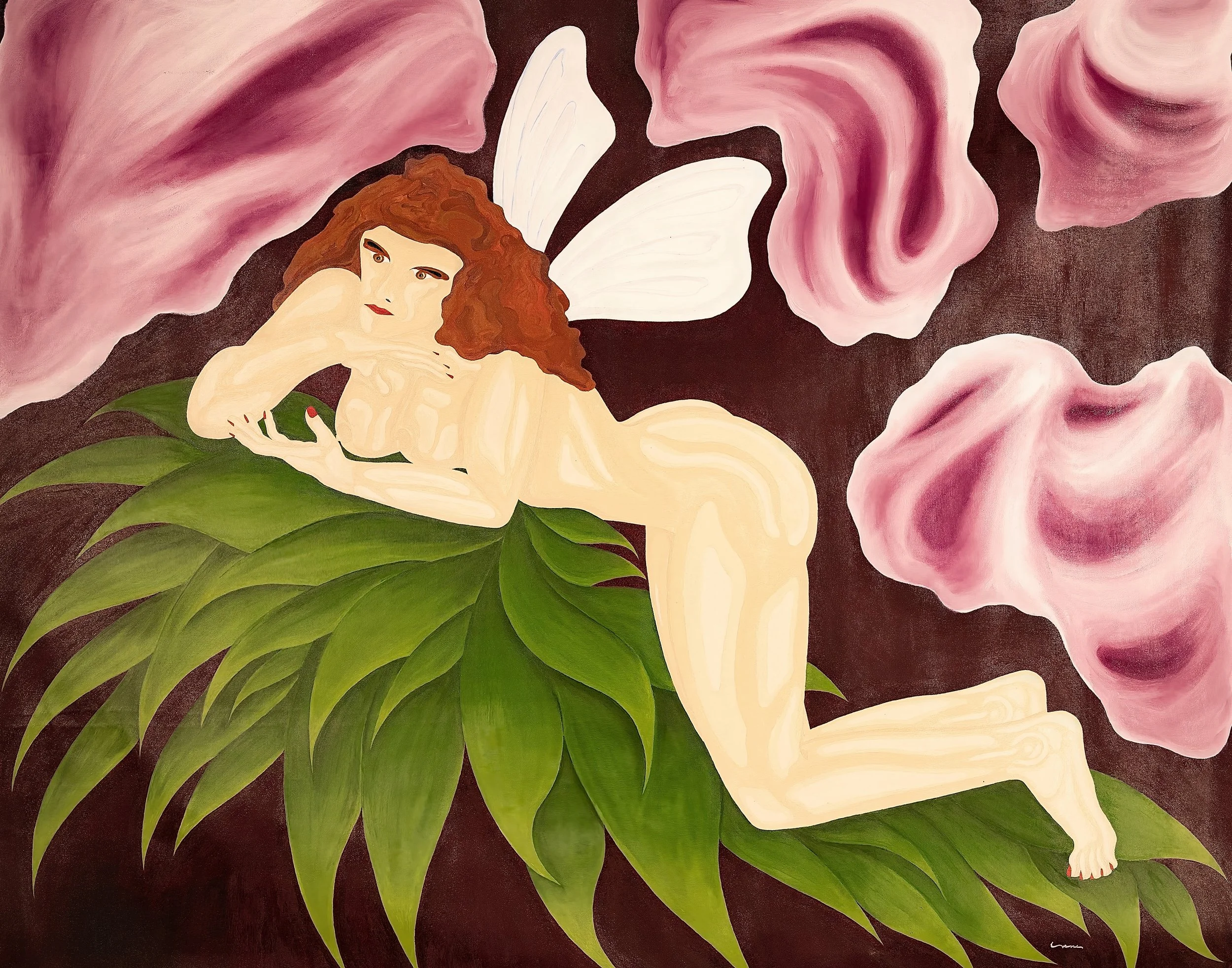 A fantasy-style painting of a nude woman with red curly hair, white fairy wings, and red nails, lying on green leaves. Surrounding her are large pink and purple flowers.