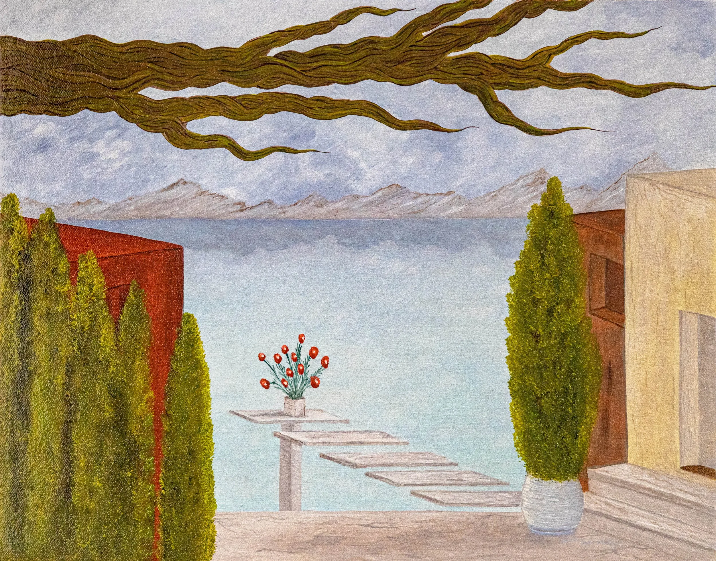 A painting depicts a view from a terrace overlooking a lake with mountains in the distance. The terrace features two tall green trees in white pots, a white flower stand with red flowers, and steps leading down to the lake. Dark clouds are in the sky.