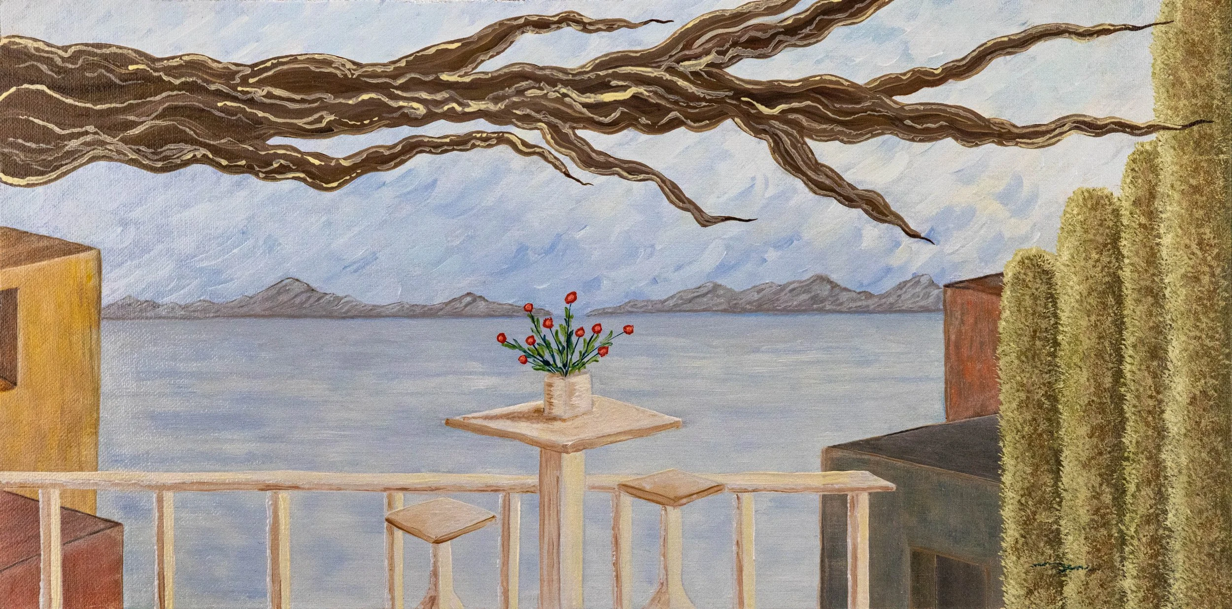 Painting of a lakeside view with mountains in the background, a small table with a vase of red flowers, and trees on the right, viewed from a balcony with a white railing.