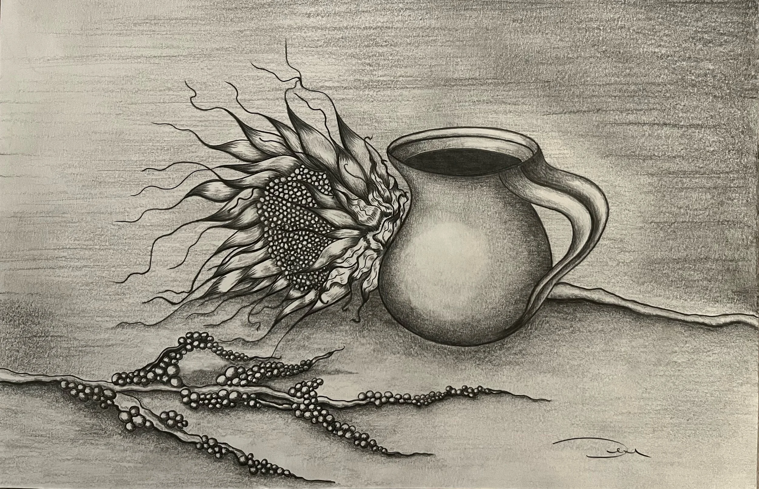 A black and white drawing of a sunflower, a coffee mug, and a string of beads on a textured background.