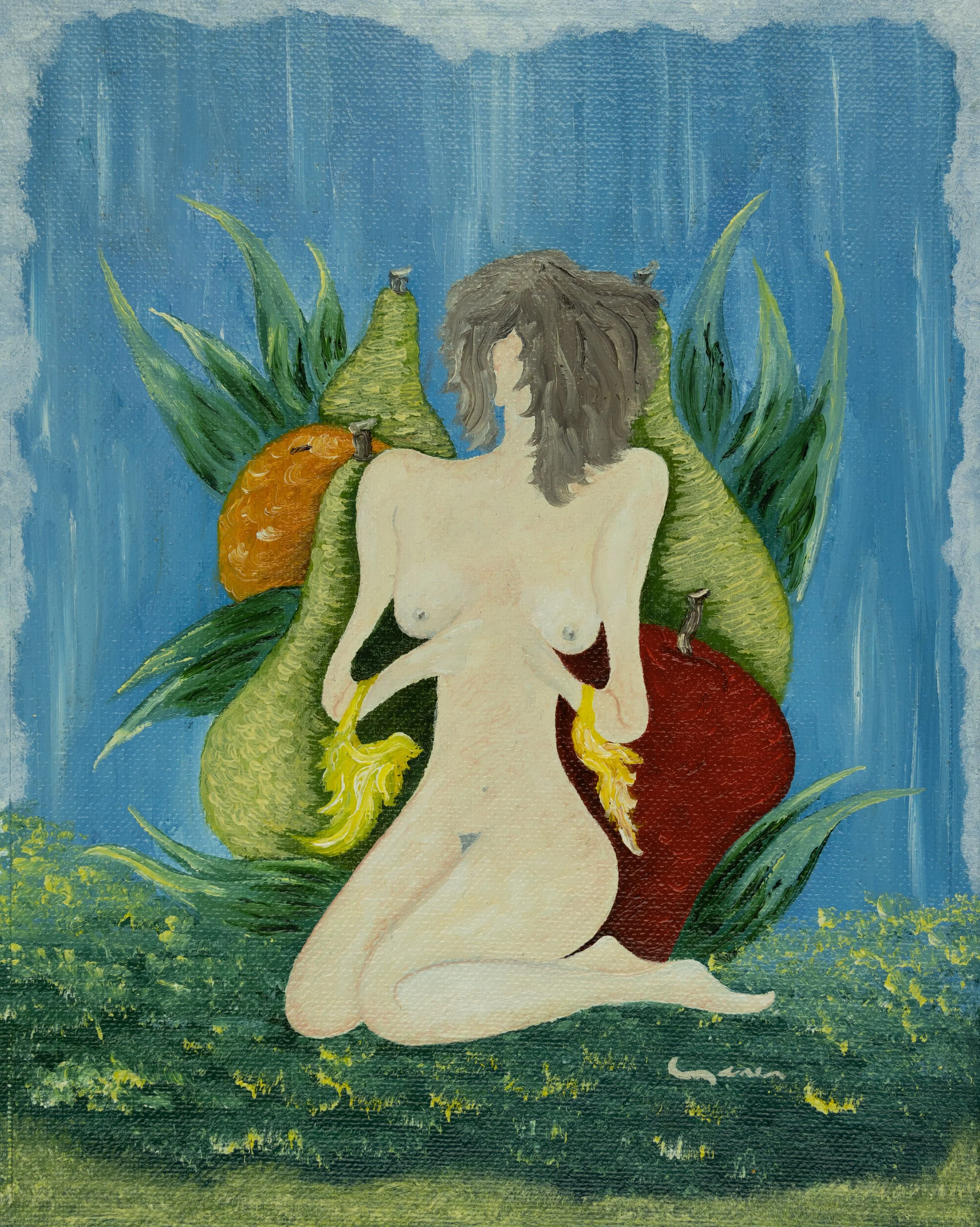 A nude woman with curly brown hair kneeling among large tropical fruit and green leaves, with a bright blue background.