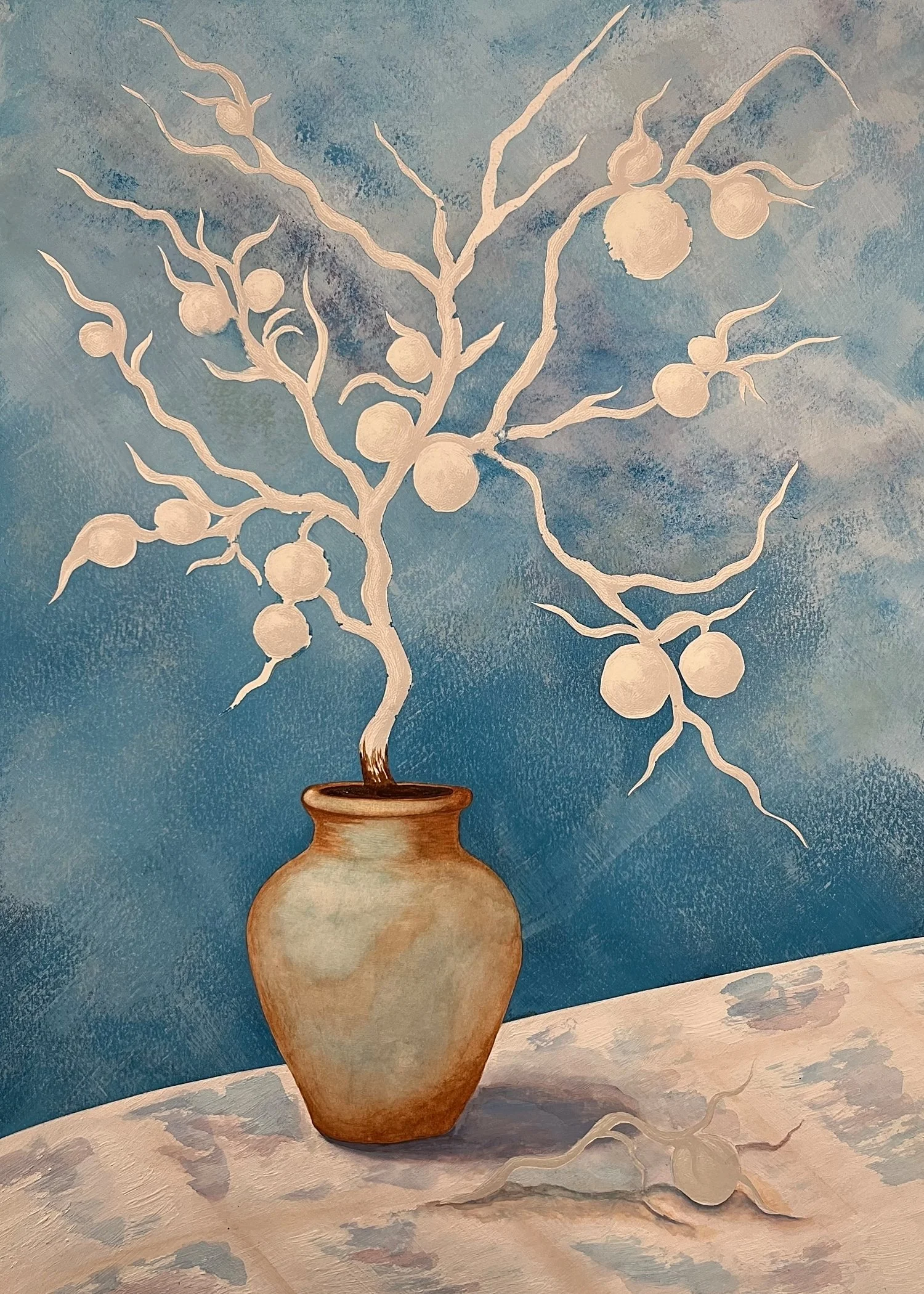 Painting of a white tree with round fruit in a brown pot. The tree has twisting branches and is placed on a light-colored surface against a blue background.