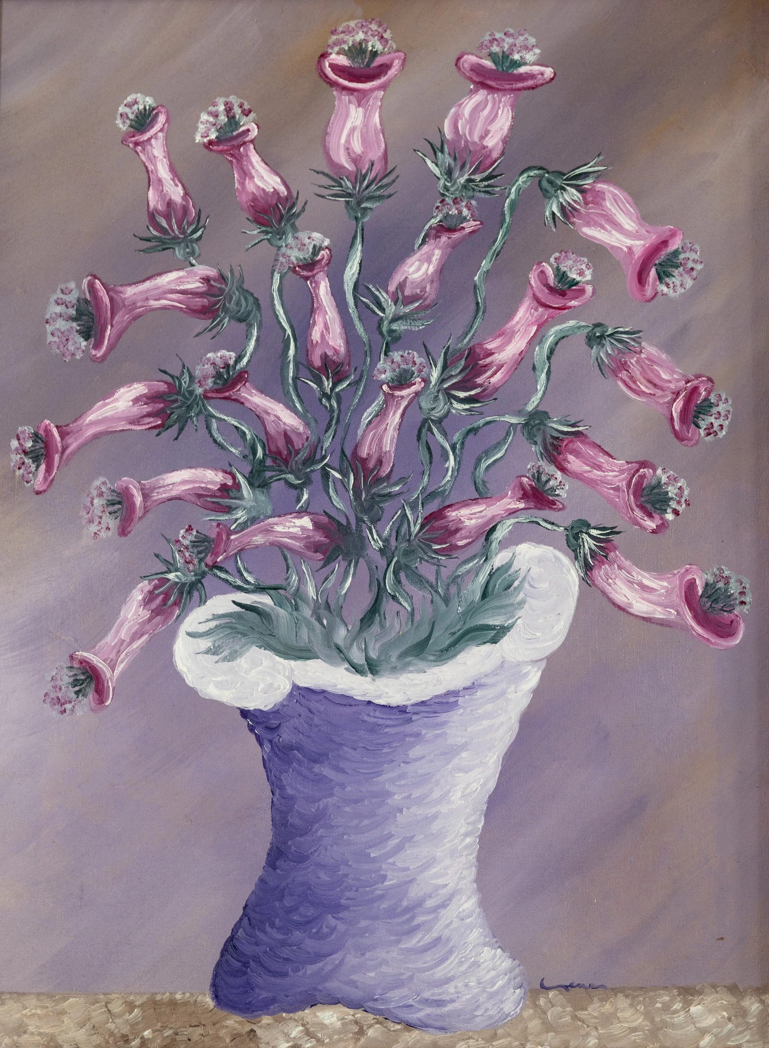 A painting of a vase with pink, trumpet-shaped flowers that resemble bell-shaped flowers with small white and pink blooms inside. The background is muted beige.