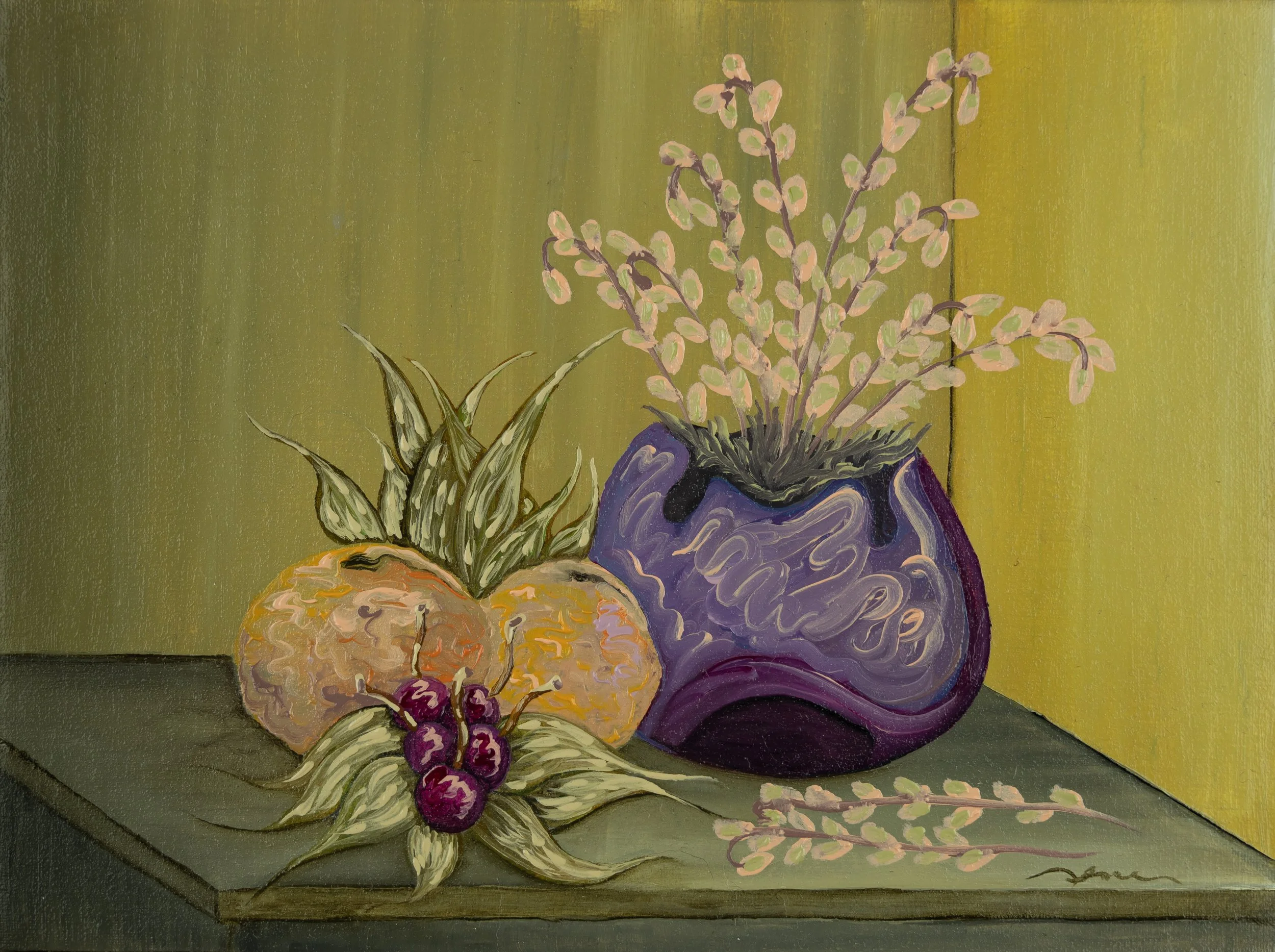 Painting of fruit and a vase with flowers on a table, with a yellow-green background.
