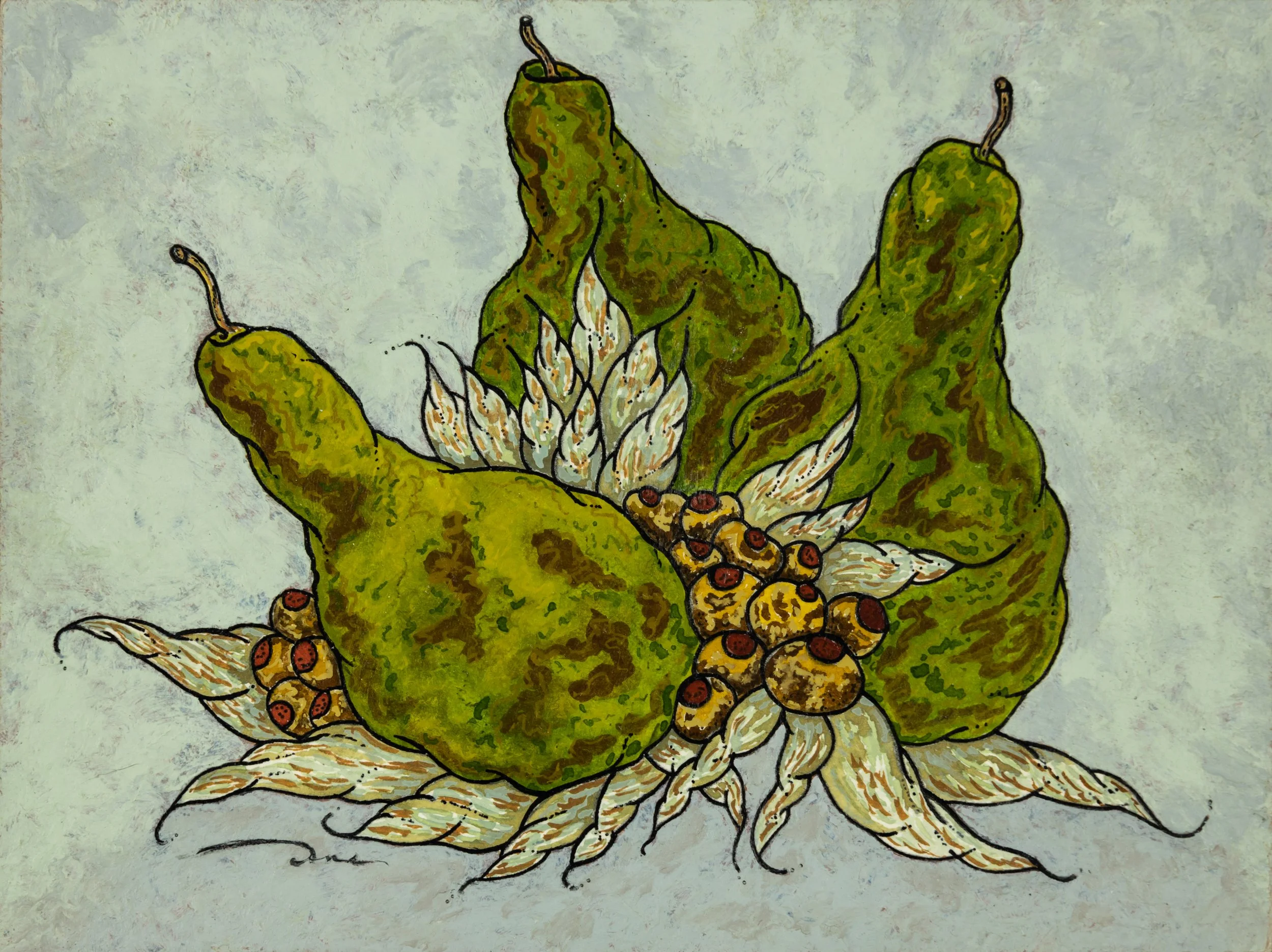 A painting of a green, multi-headed dragon with white wings and red eyes, sitting on a white background.