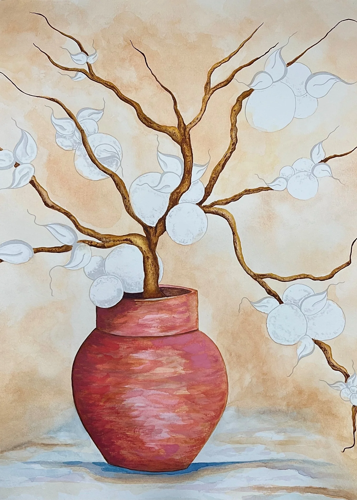 A painting of a potted plant with twisting branches and round white fruit or blossoms, in a reddish-brown pot on a light background.