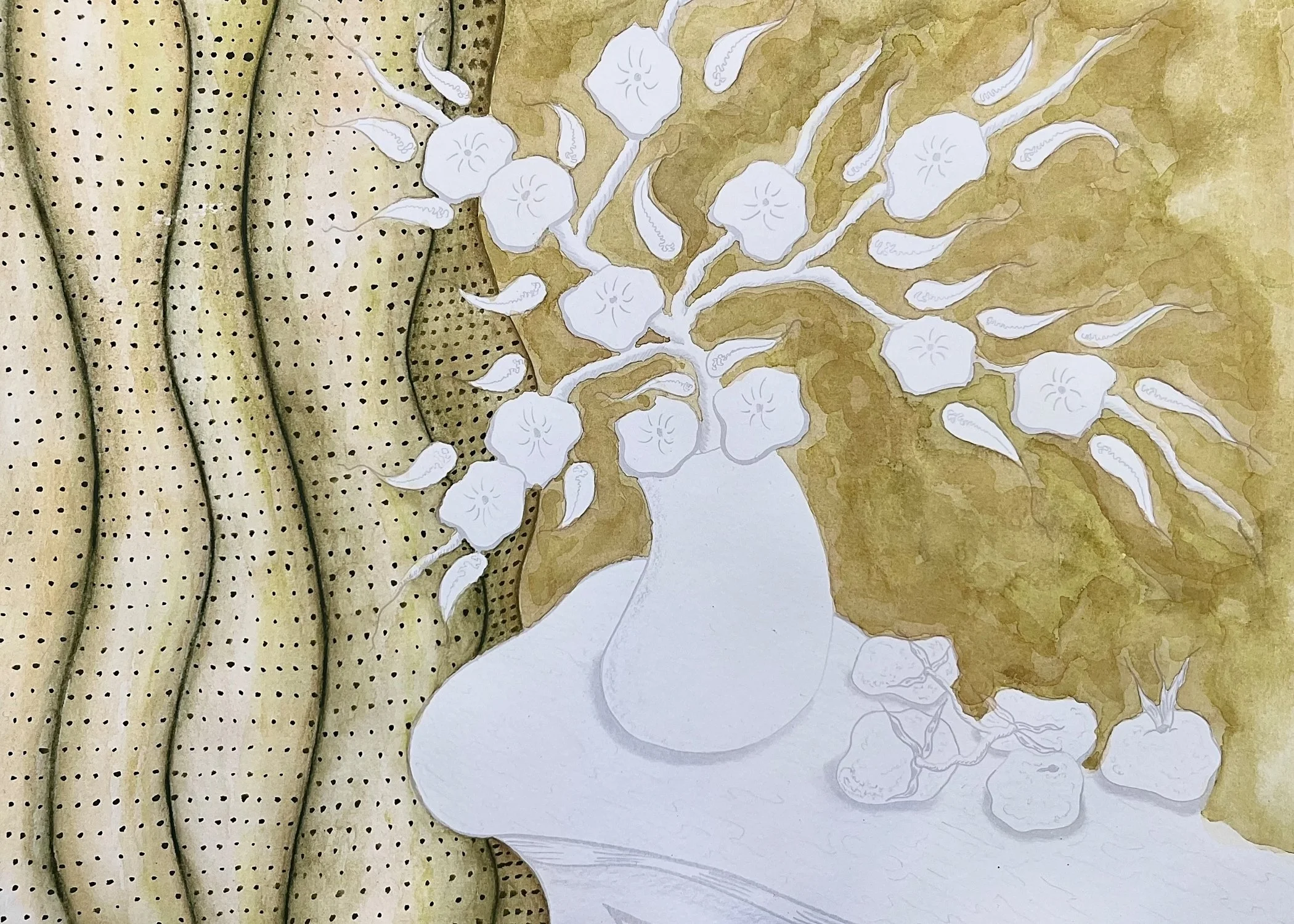 A sketch of a vase with a large flowering plant, drawn in white and gold tones with dotted textured fabric background.