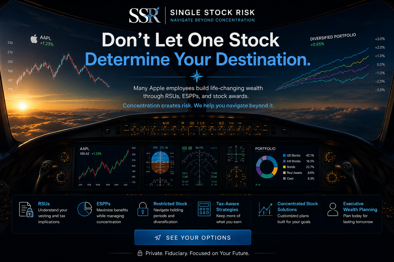 Concentrated stock portfolio analysis, investment strategy, tax-aware diversification and wealth management. Investor