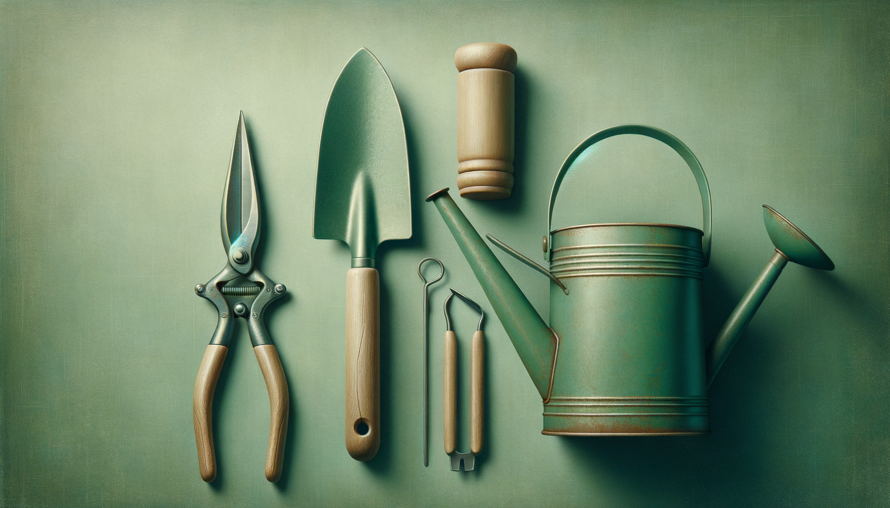 Green gardening tools and utensils arranged on a green surface, including pruning shears, a trowel, a wooden-handled watering can, and other small gardening tools.