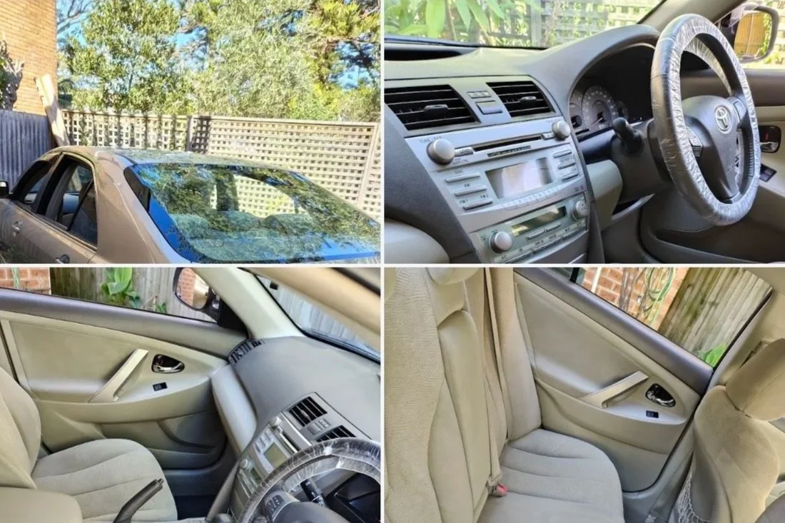 Split four-frame image displaying a newly detailed car interior and exterior, highlighting a clean, refreshed, and professionally finished vehicle.