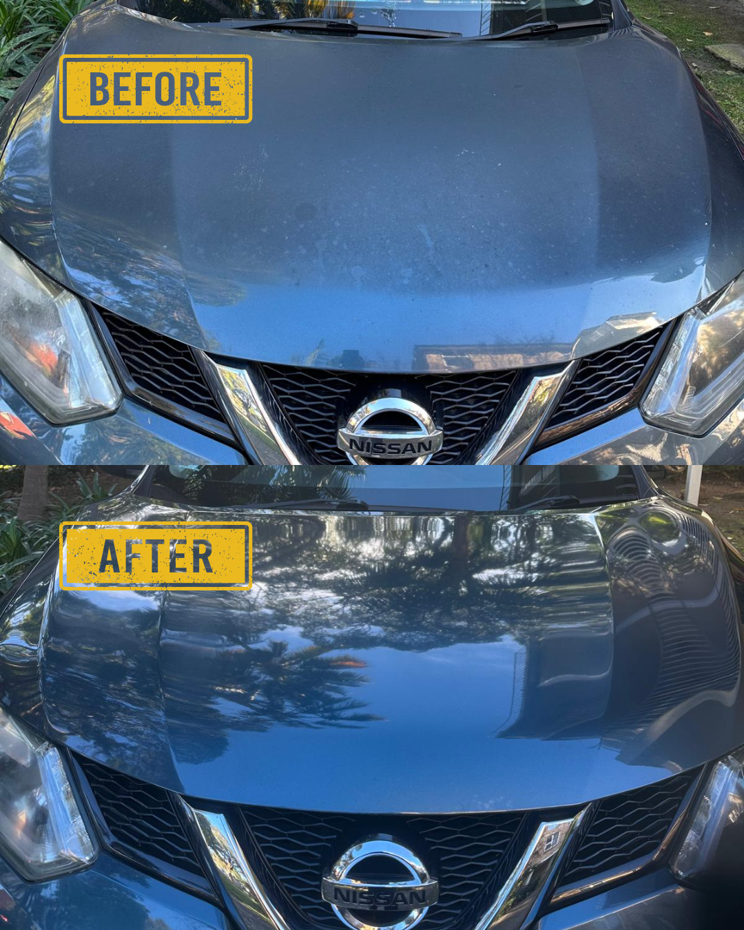 Before and after paint correction showing improved gloss, clarity, and finish on a vehicle bonnet