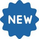 Blue badge with white text that says 'NEW'