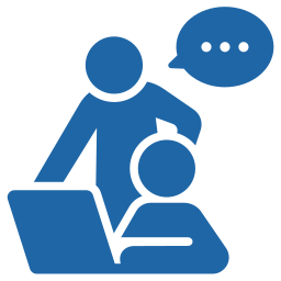 Person talking to another person sitting at a laptop with a speech bubble.