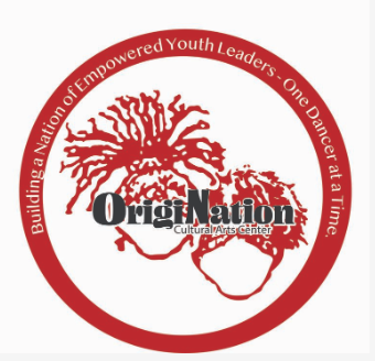 Logo of Origination, a cultural arts center, with a red tree and the text 'Building an Empowered Youth Leaders - One Dancer at a Time' around the circle.