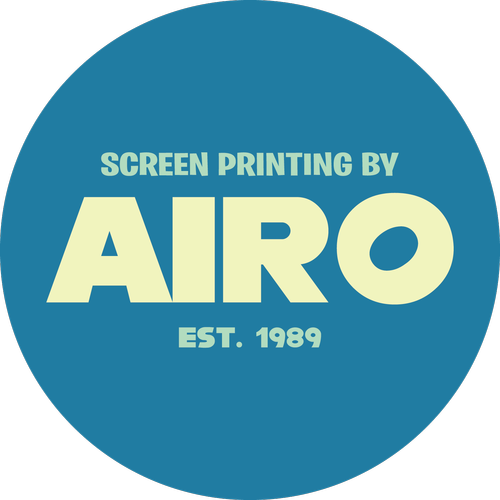 Blue circular logo with text: 'Screen Printing by Airo, Est. 1989'.