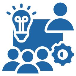 Icon representing a lightbulb, a person, a group of people, and a gear, symbolizing ideas, collaboration, and innovation.