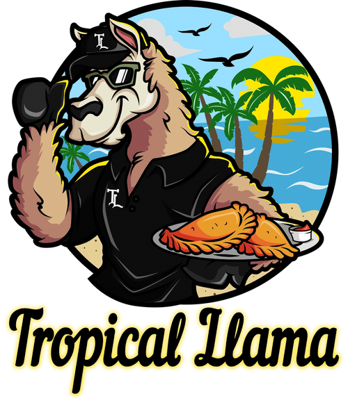 A cartoon llama wearing sunglasses and a black baseball cap with the letter 'T', holding a tray with cooked lobsters, set against a tropical beach background with palm trees, ocean, and flying birds, with the text 'Tropical Llama' at the bottom.