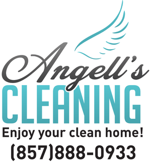 Logo for Angell's Cleaning with blue and black text, a stylized blue wing, and contact number 857-888-0933. Tagline: Enjoy your clean home!