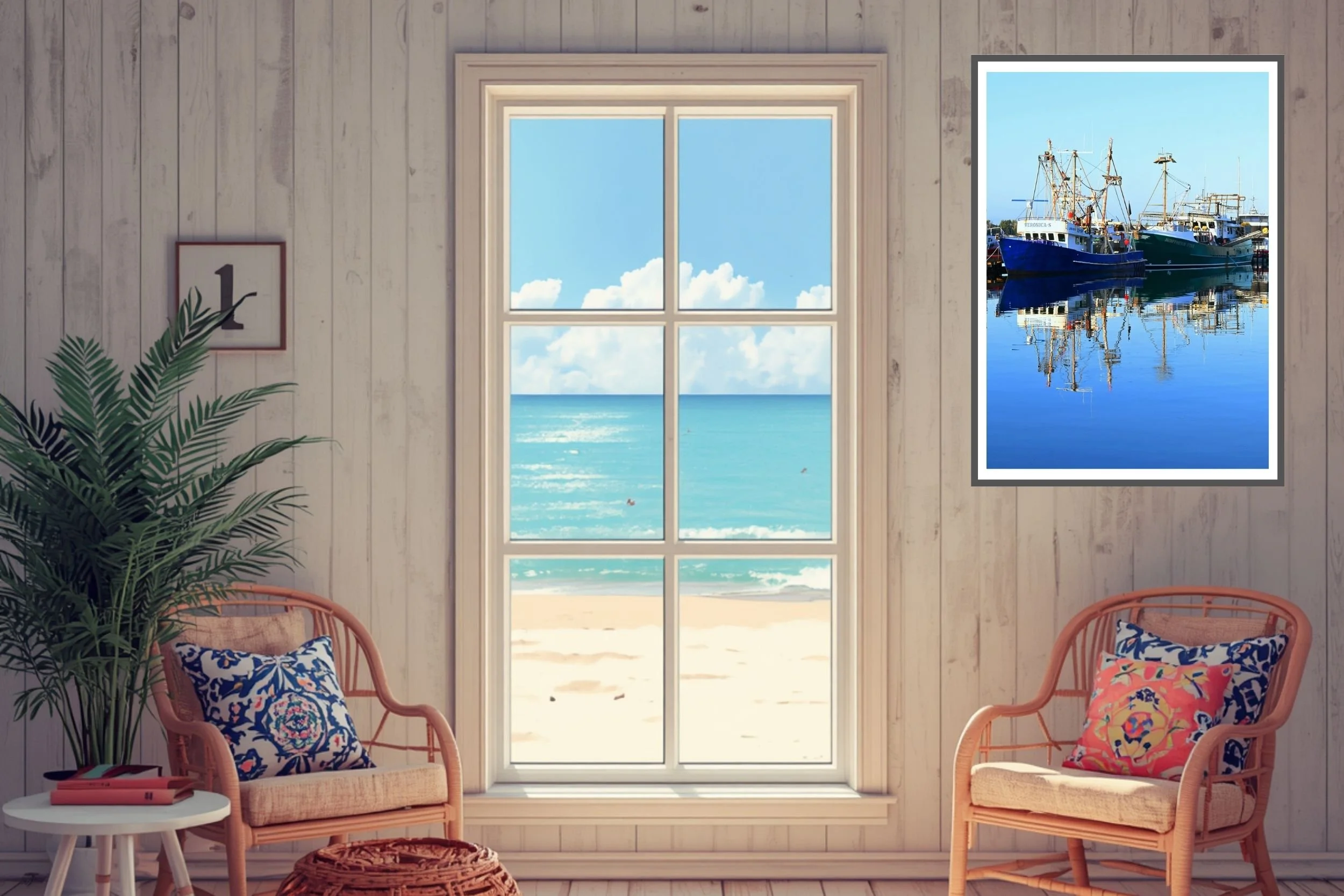 A serene sunlit harbour scene featuring fishing boats and mirror-like reflections on calm water. at the port of Lakes Entrance, Victoria Australia