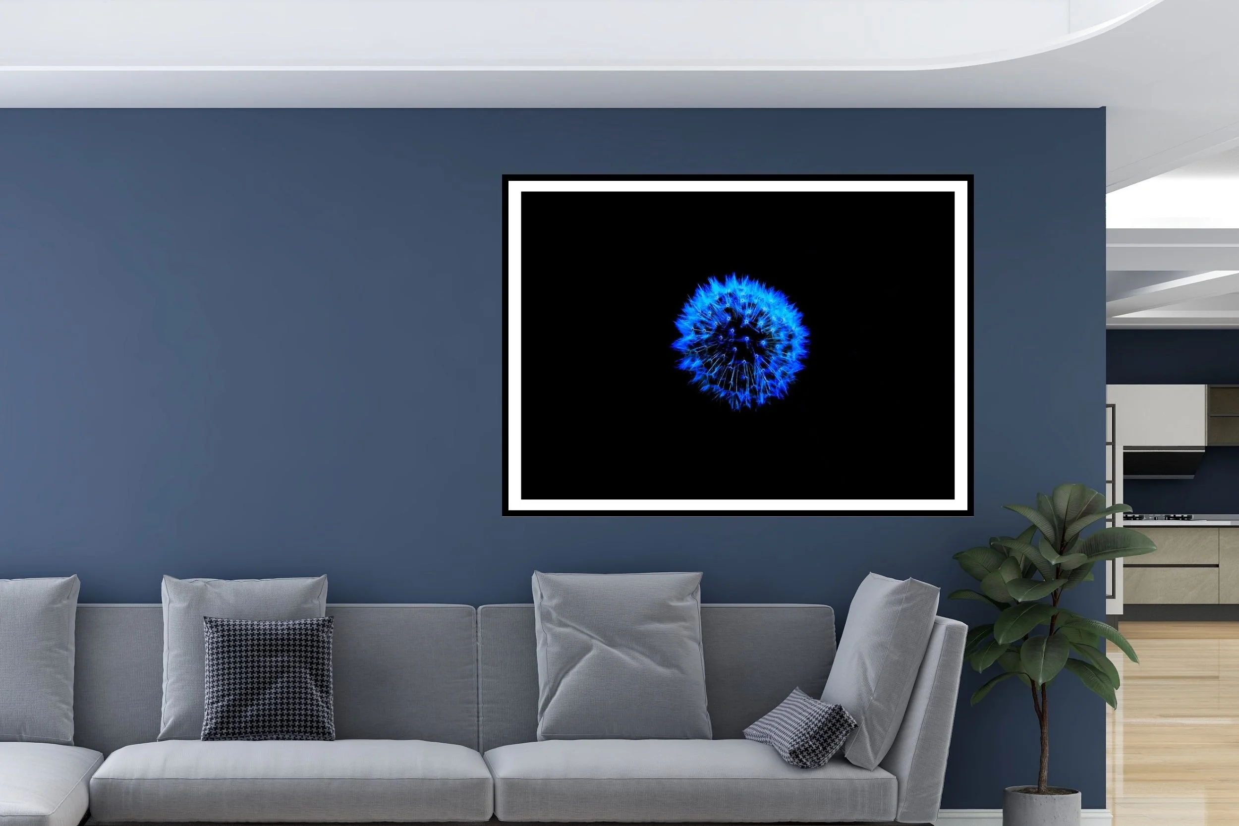 An artistic rendering of a photograph of a dandelion, blue on a black background - ideal wall art for home or office decor.