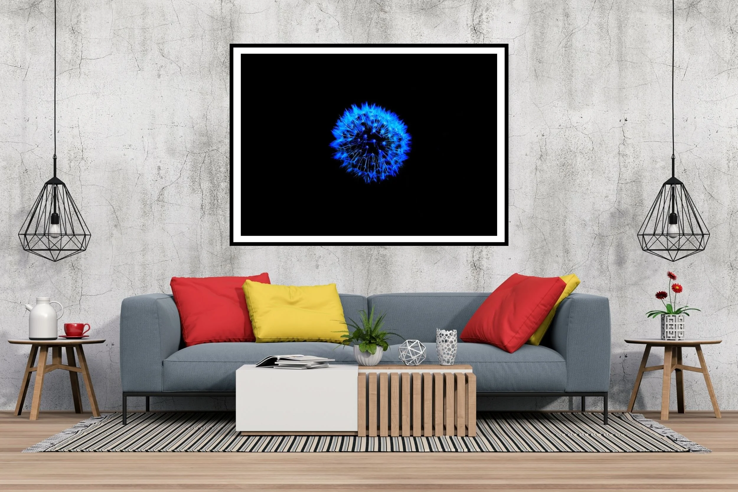 An artistic rendering of a photograph of a dandelion, blue on a black background - ideal wall art for home or office decor.