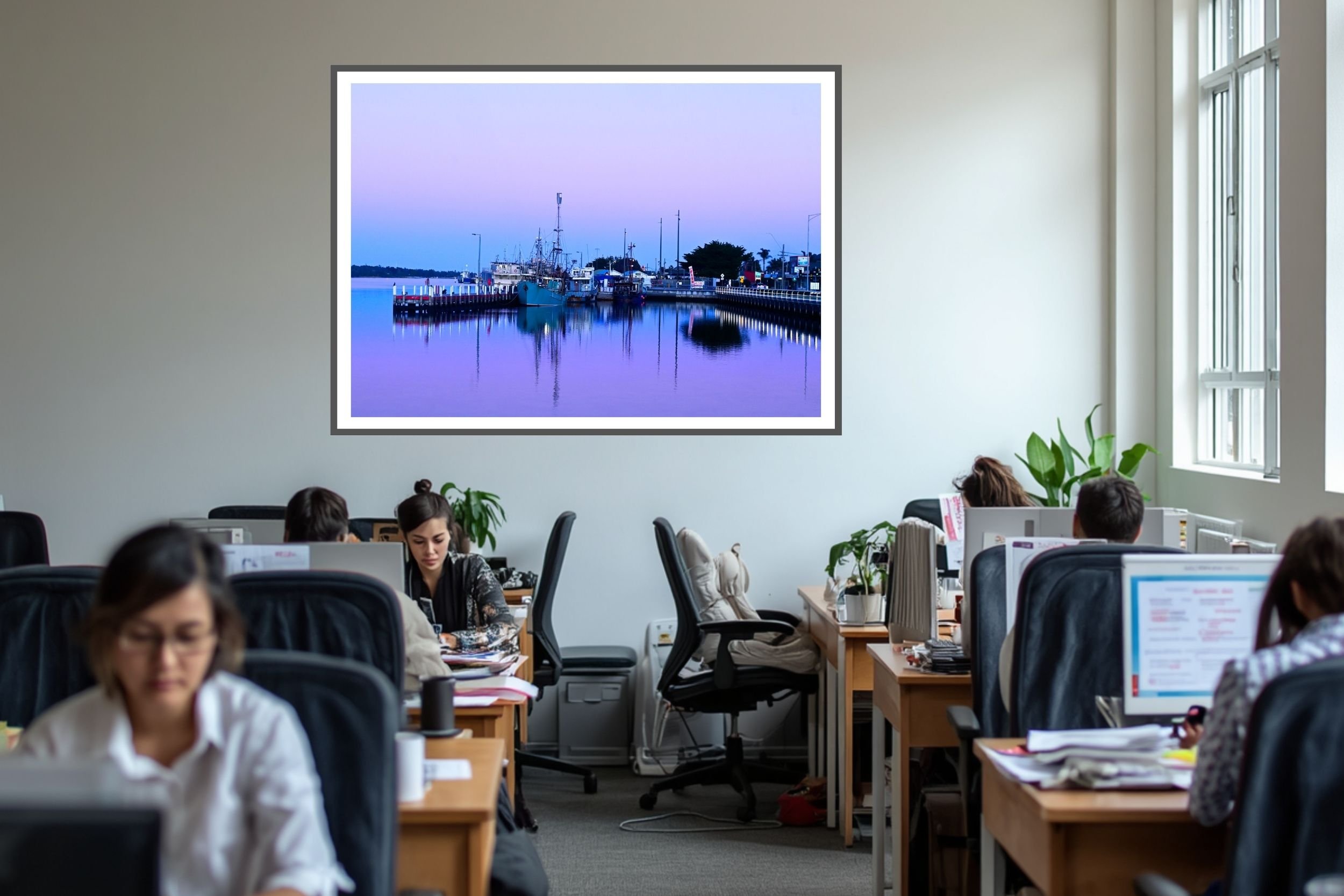 A serene blue hour harbour scene featuring fishing boats and mirror-like reflections on calm water in Lakes Entrance Australia.