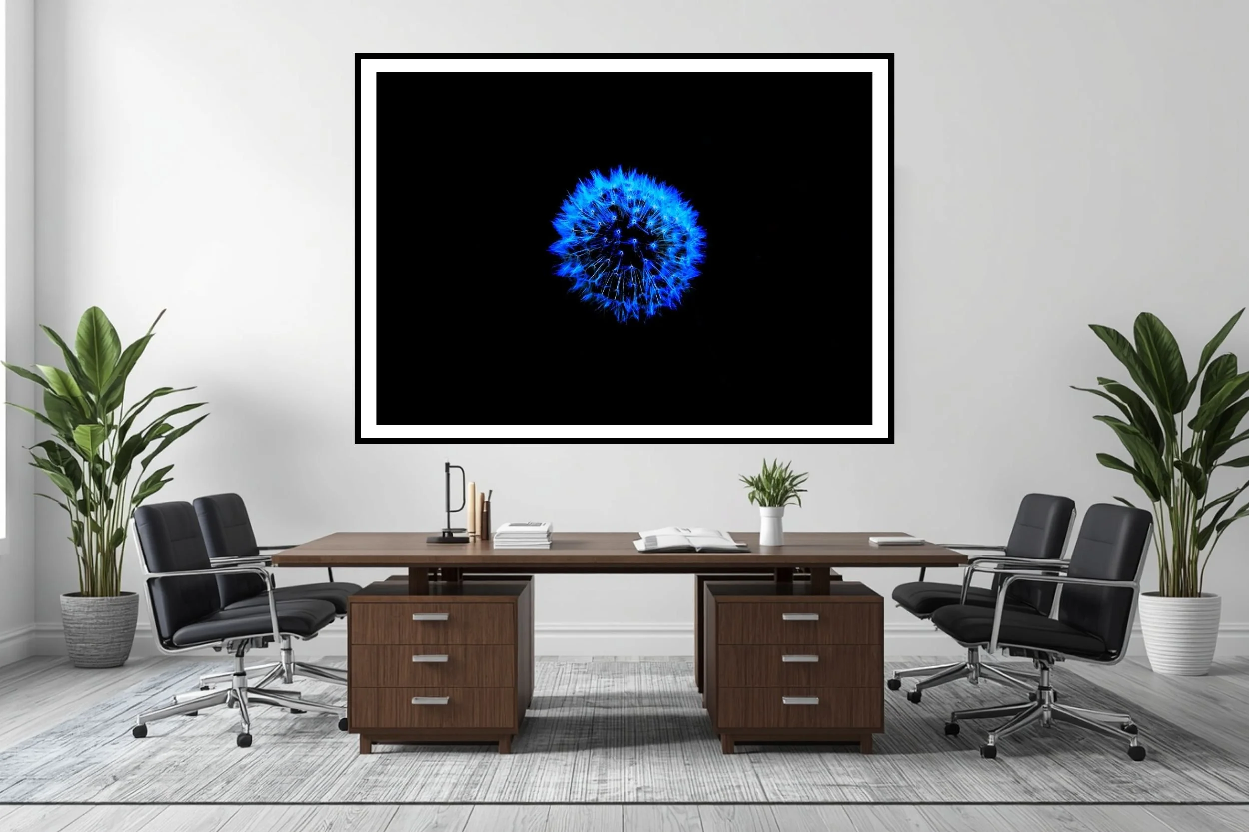 An artistic rendering of a photograph of a dandelion, blue on a black background - ideal wall art for home or office decor.