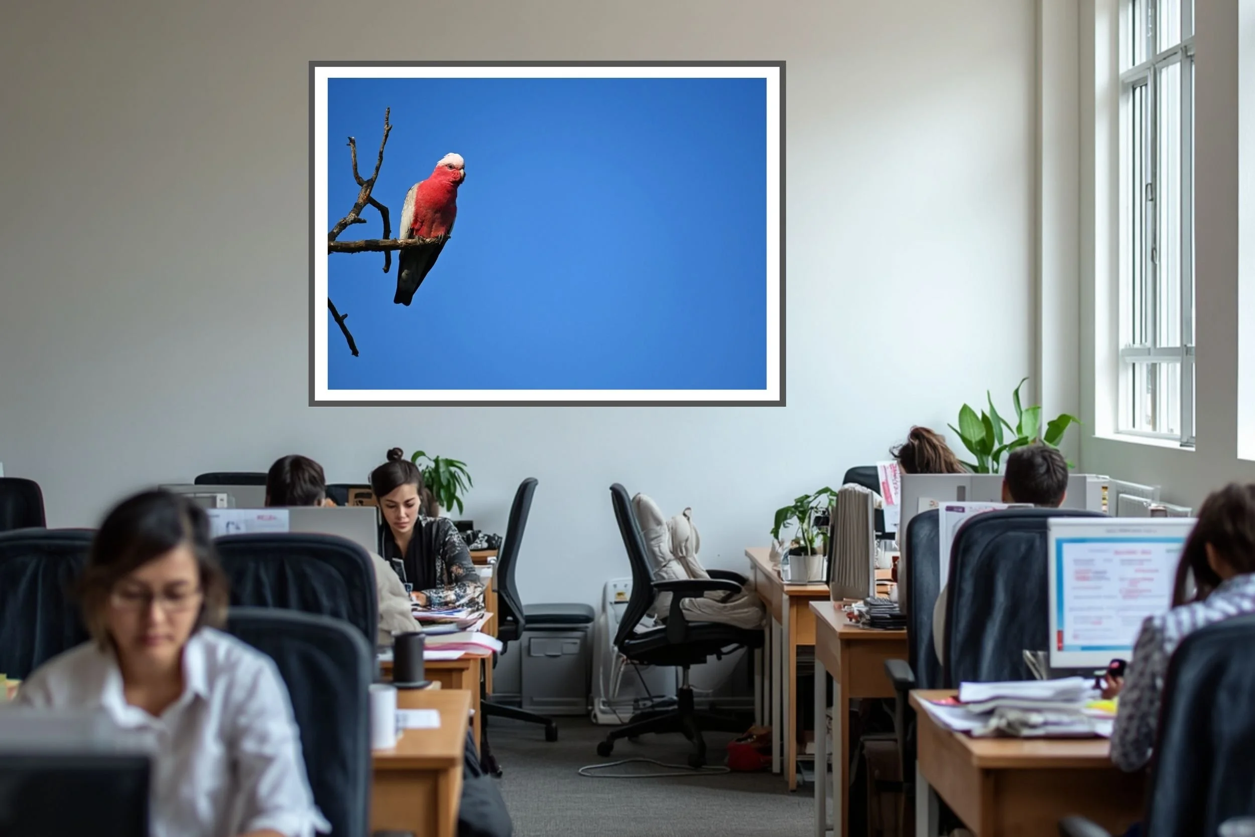 Striking Australian Galah photograph featuring vibrant pink tones against a deep blue sky.