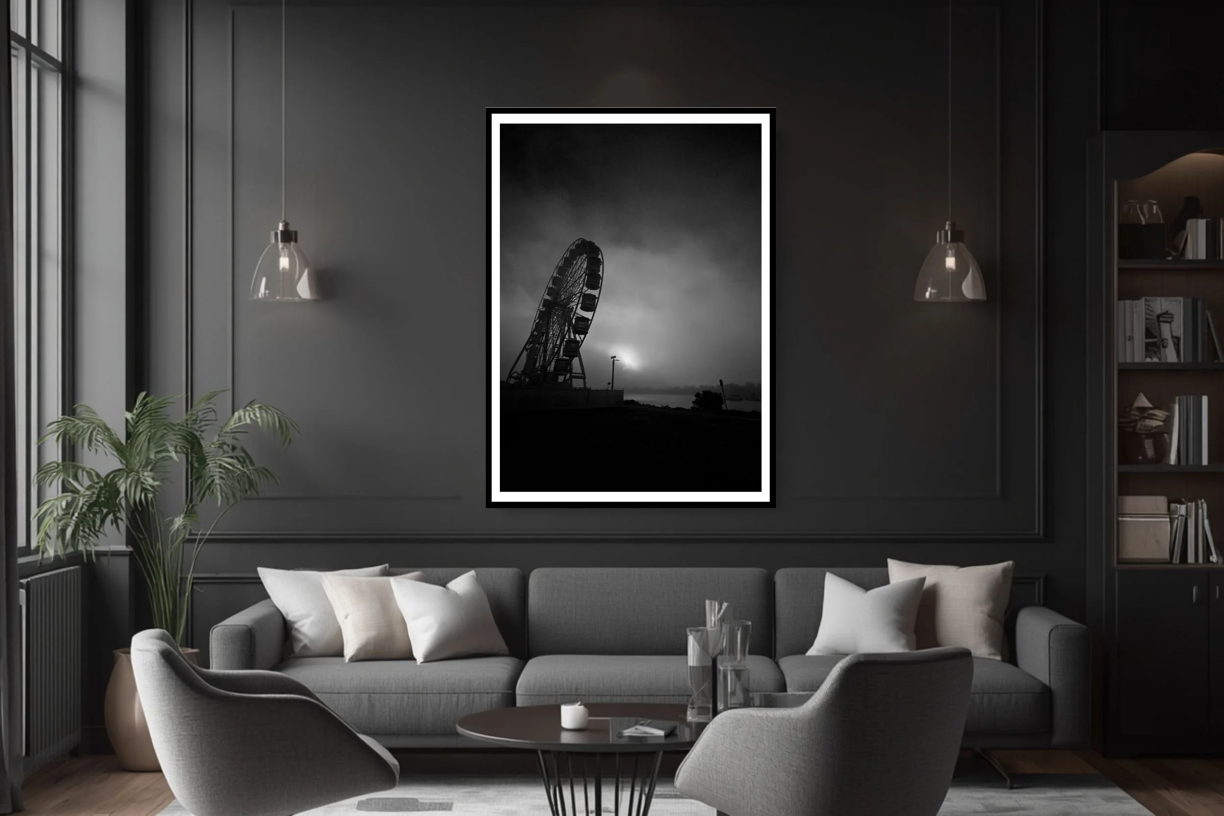 A striking black and white photograph of a carnival ferris wheel set against a morning fog background.