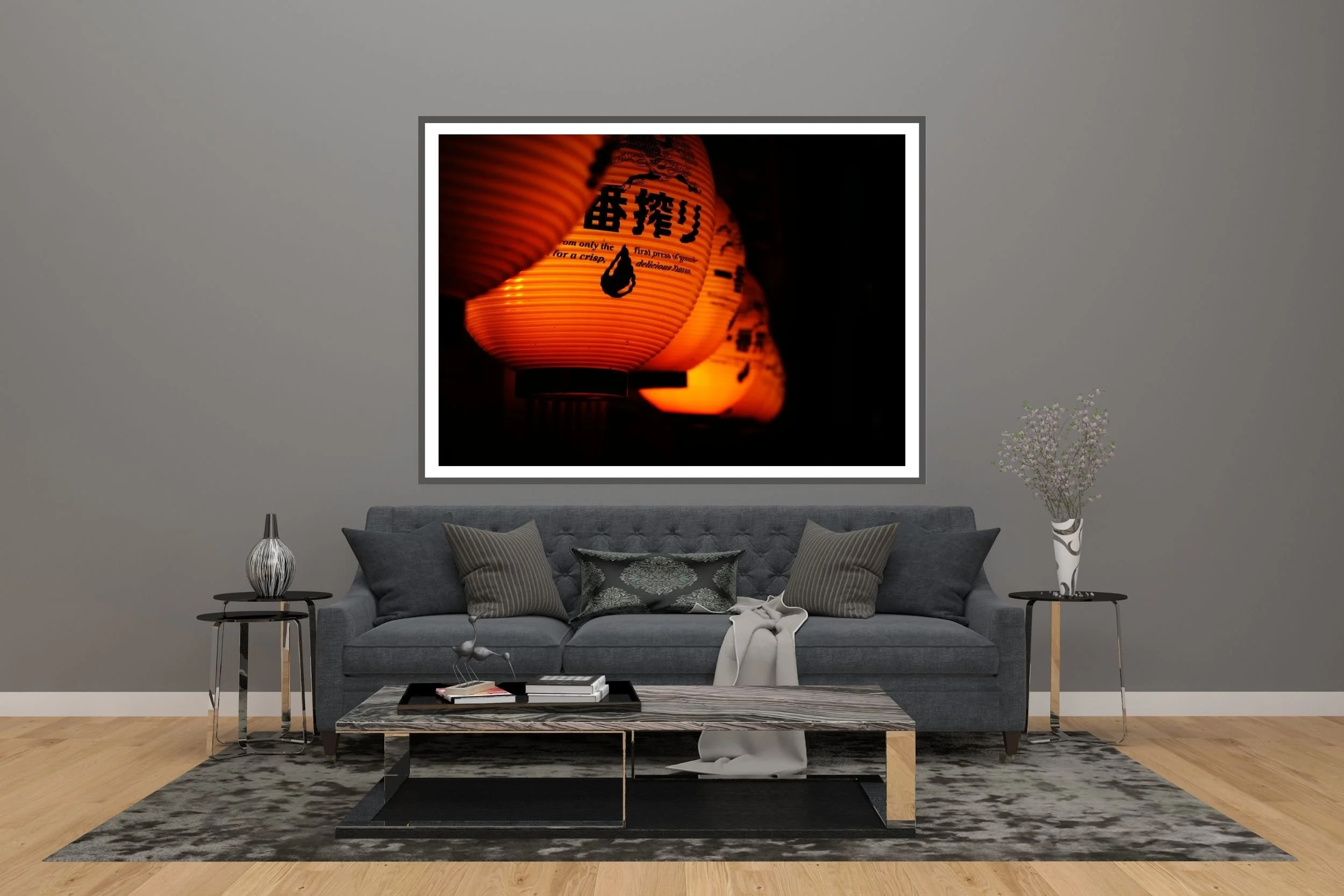 A set of advertising street lanterns above a bar in Niigata in north west Japan.