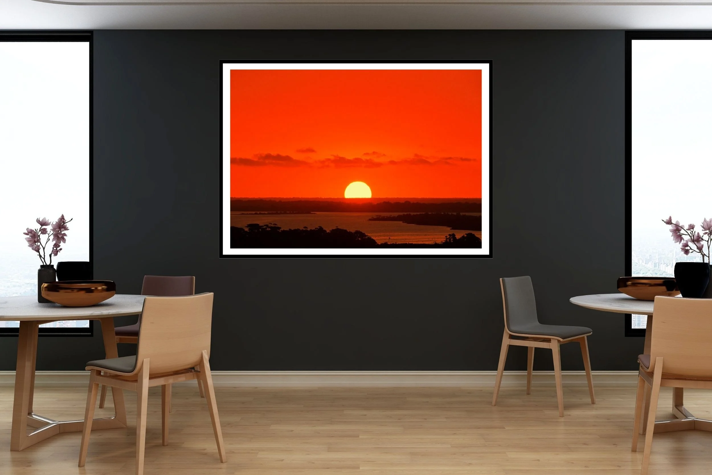 A breathtaking intense sunset scene at Lakes Entrance with subtle warm tones, and striking sunset light.