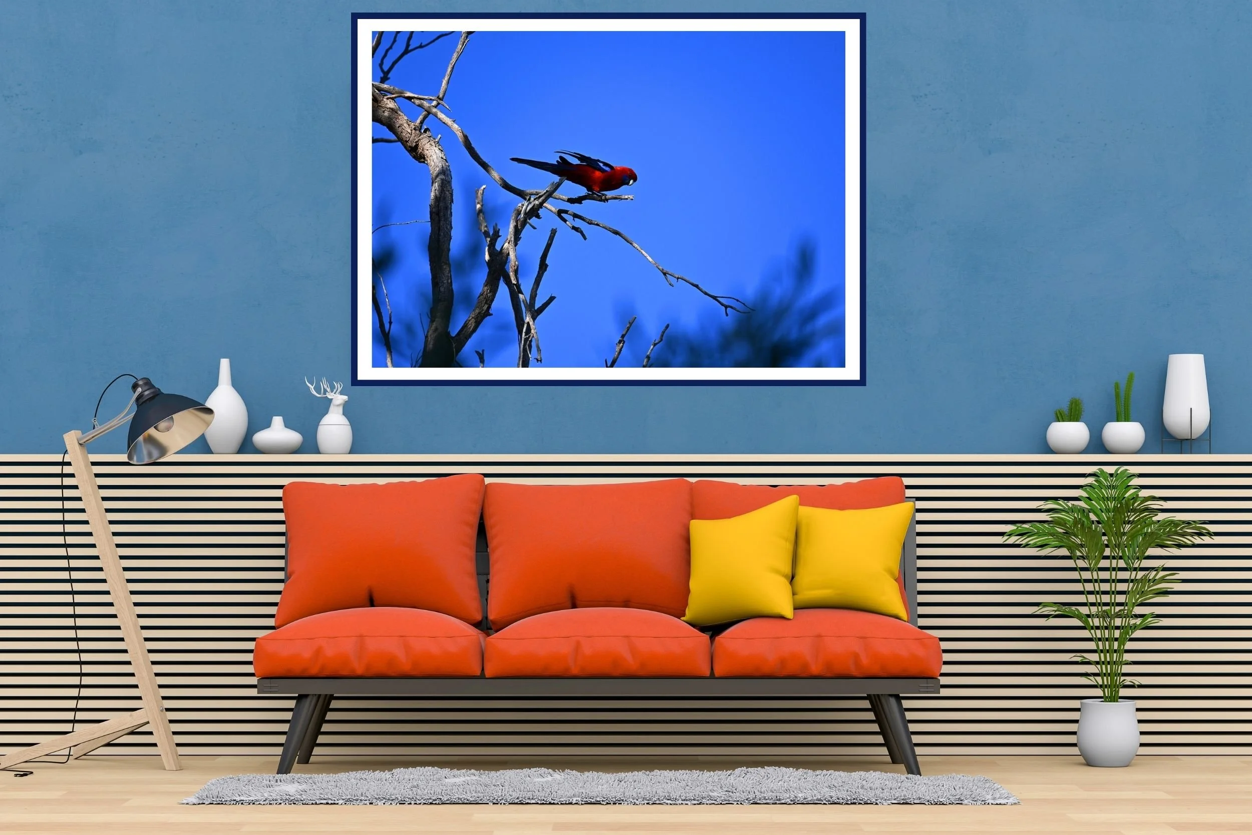 A striking Australian Rosella with its vibrant red and blue tones against a deep blue sky.