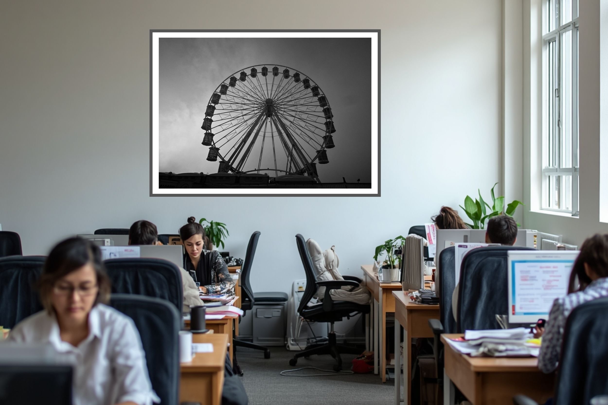 A striking black and white photograph of a carnival ferris wheel set against a foggy and cloudy background