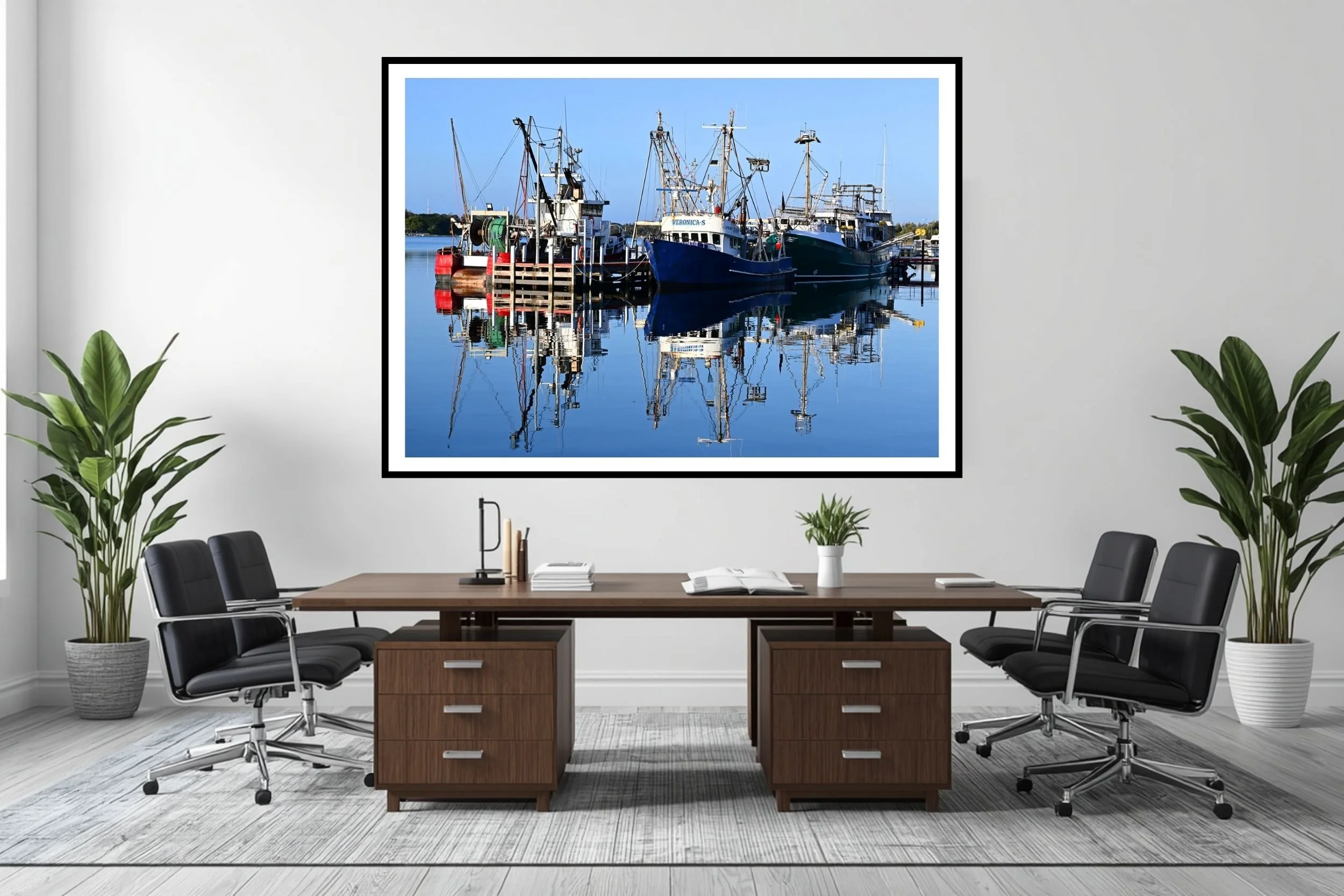 A serene sunlit harbour scene featuring fishing boats and mirror-like reflections on calm water at Lakes Entrance, Victoria Australia.