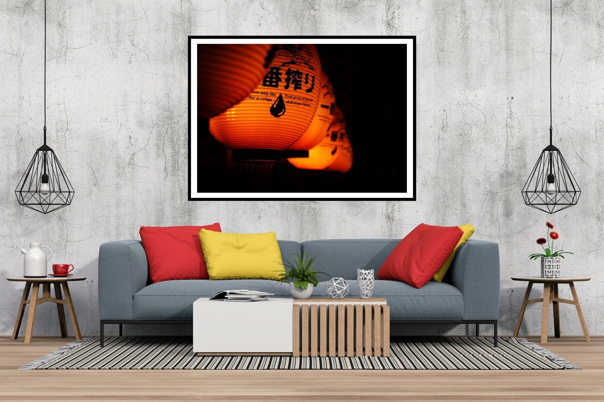 A set of advertising street lanterns above a bar in Niigata in north west Japan.