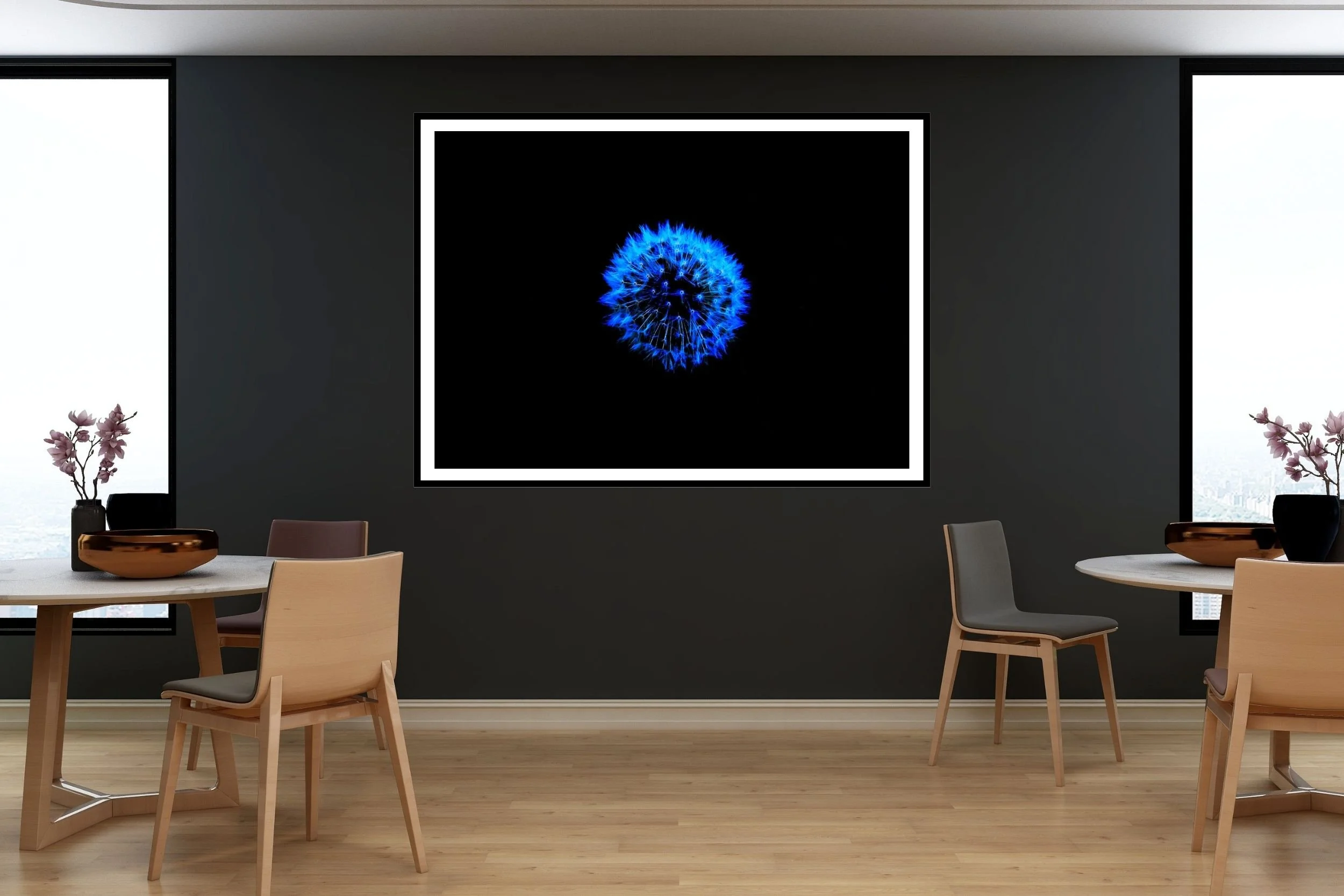 An artistic rendering of a photograph of a dandelion, blue on a black background - ideal wall art for home or office decor.
