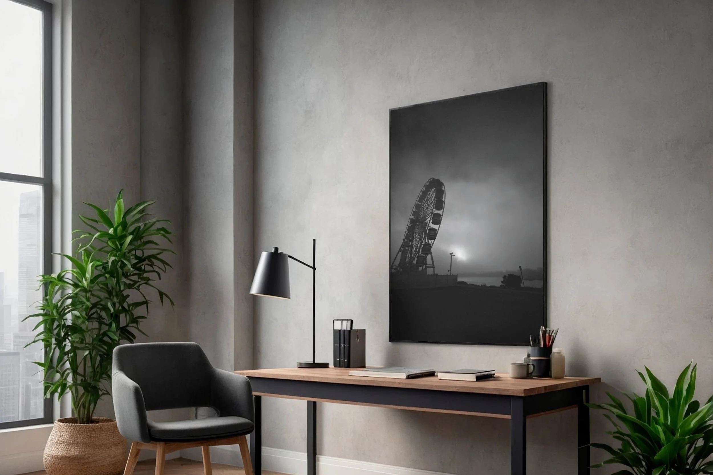 A striking black and white photograph of a carnival ferris wheel set against a morning fog background.